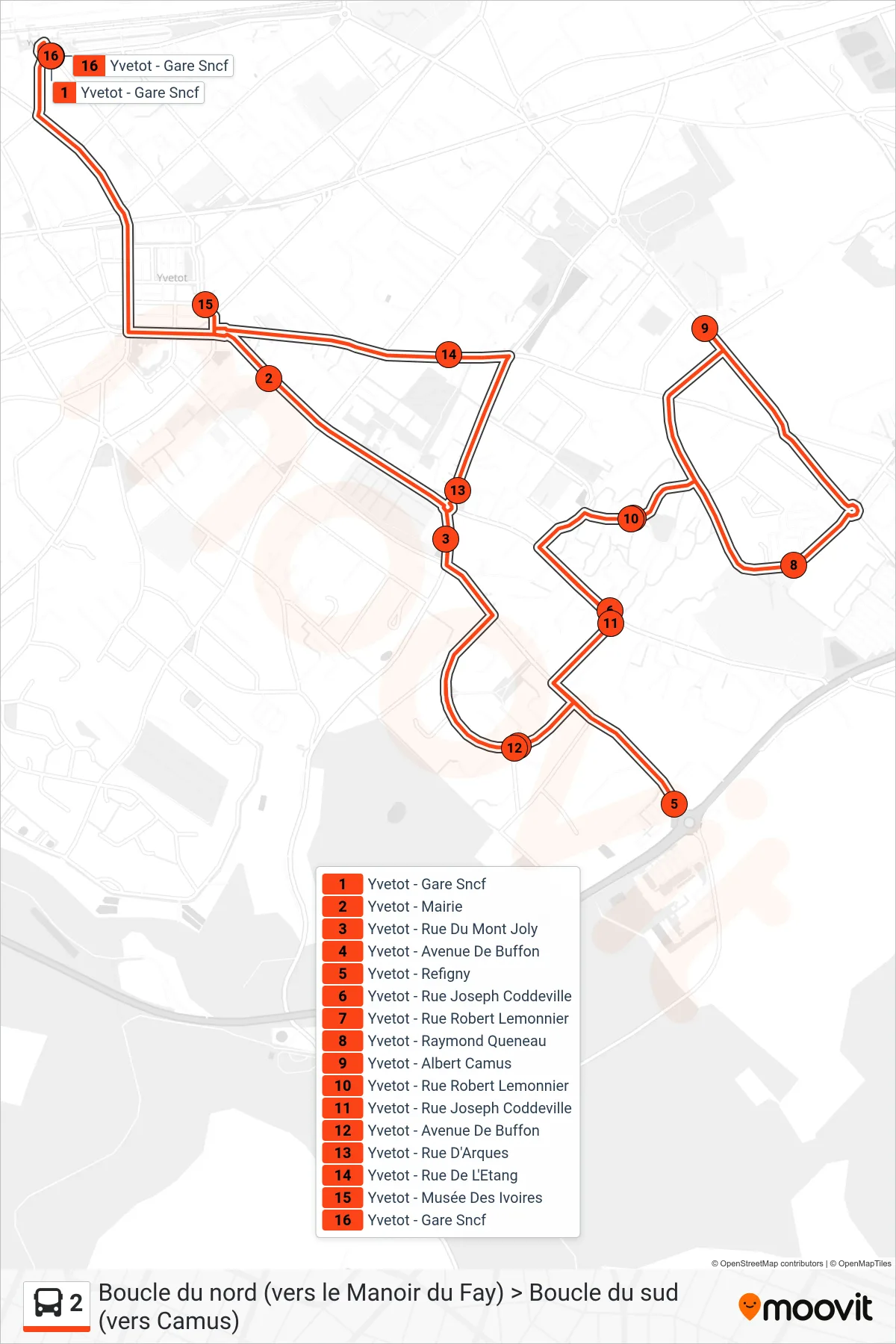 Tracé et arrêts de la ligne 2 de bus (Yvetot - Gare Sncf) sur une carte