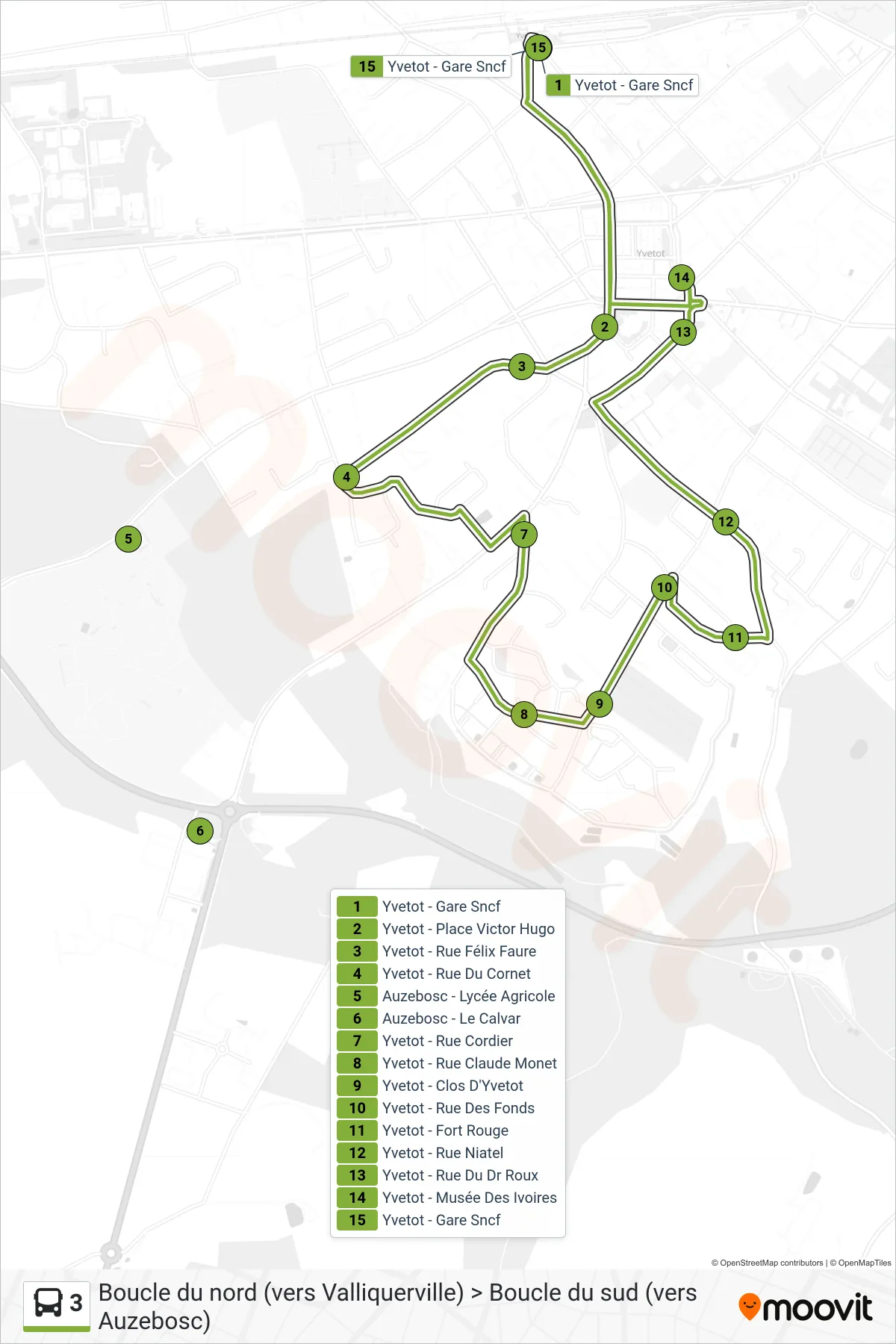 Tracé et arrêts de la ligne 3 de bus (Yvetot - Gare Sncf) sur une carte