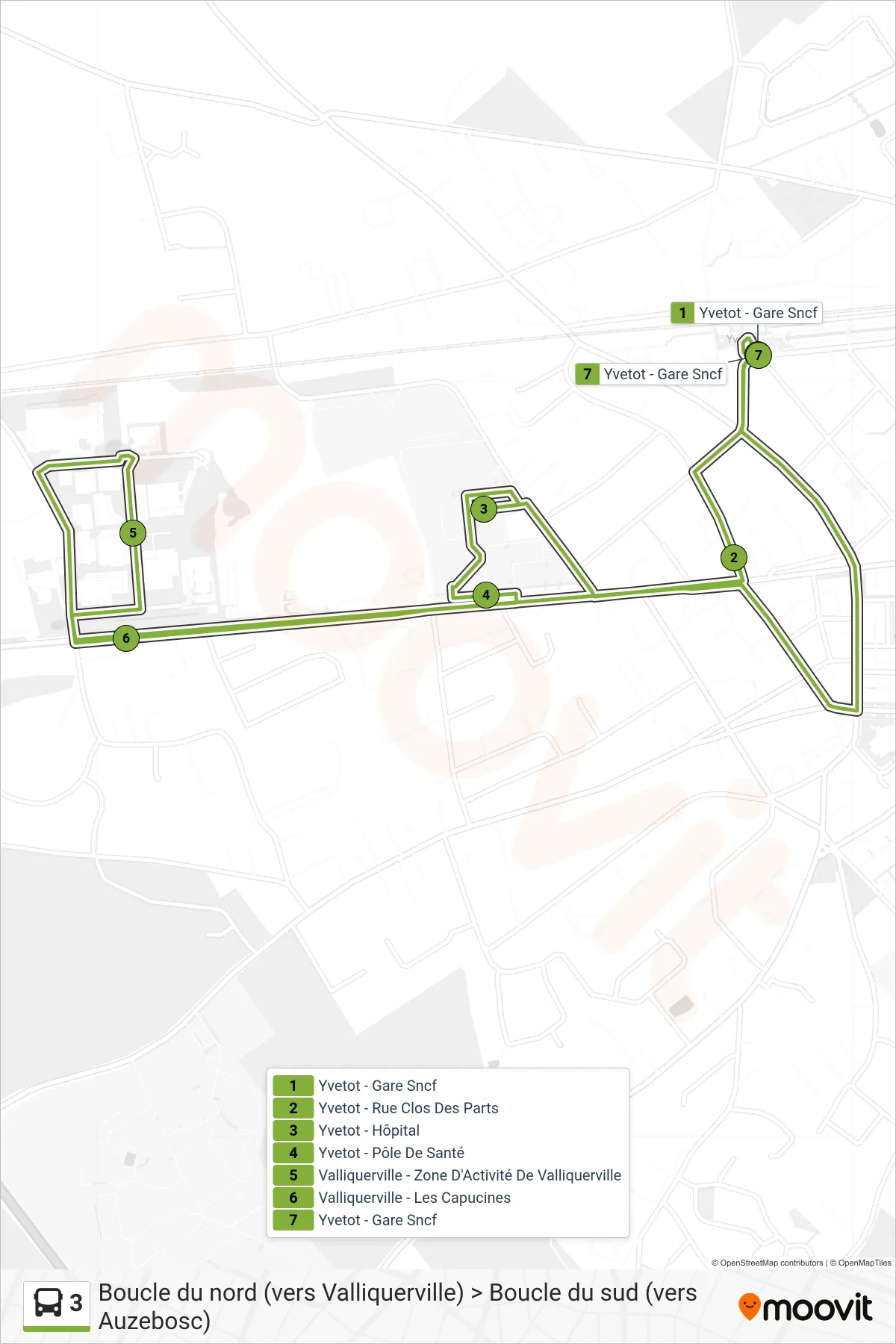 Tracé et arrêts de la ligne 3 de bus (Yvetot - Gare Sncf) sur une carte