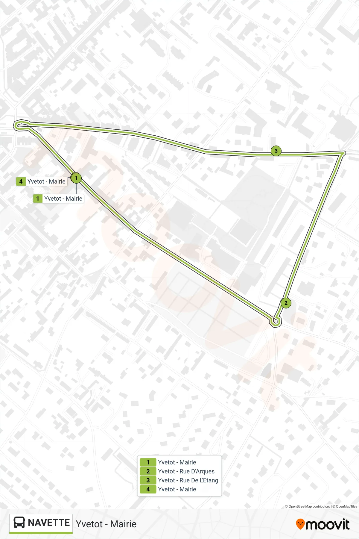 Tracé et arrêts de la ligne NAVETTE de bus (Yvetot - Mairie) sur une carte
