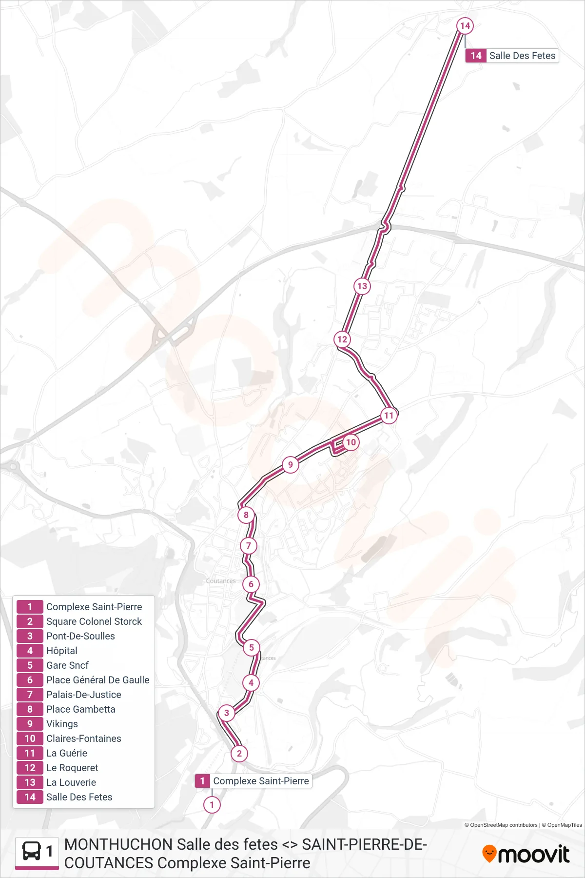 Tracé et arrêts de la ligne 1 de bus (Salle Des Fetes) sur une carte