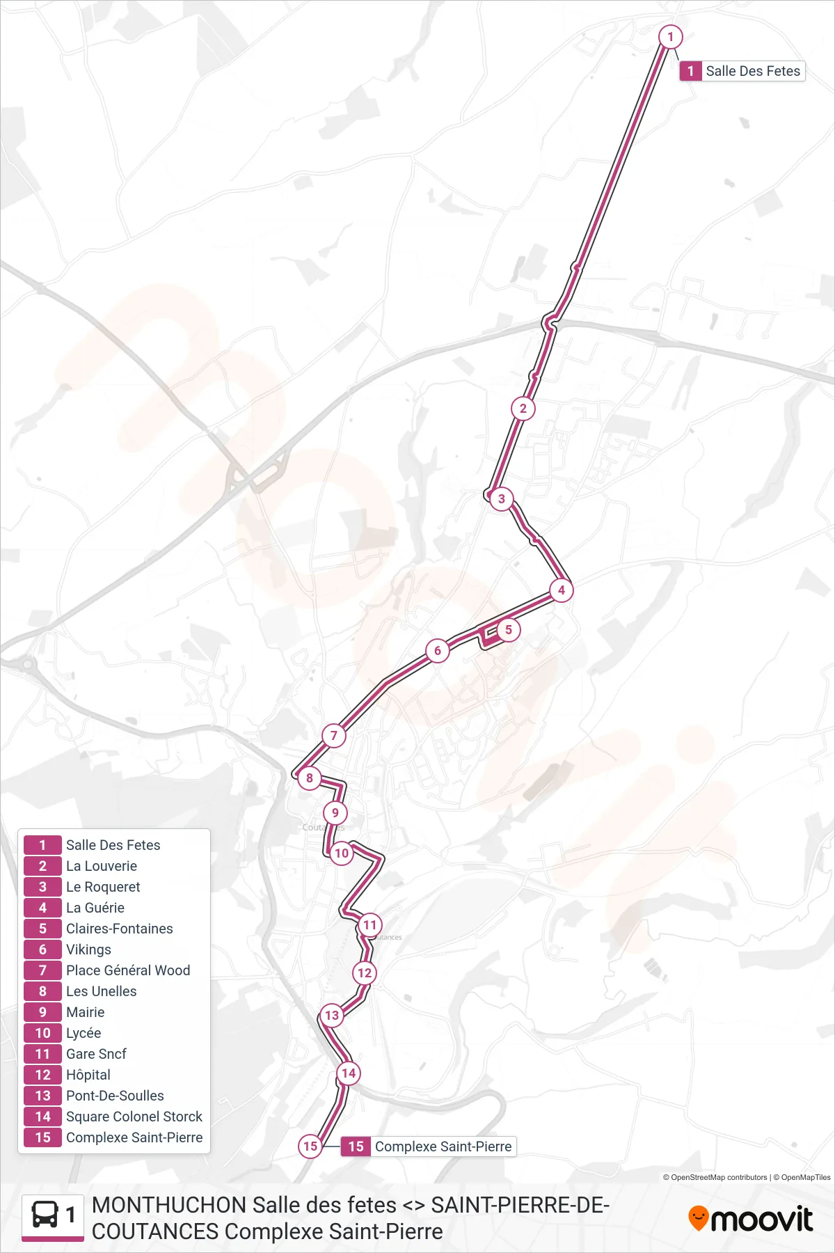 Tracé et arrêts de la ligne 1 de bus (Complexe Saint-Pierre) sur une carte