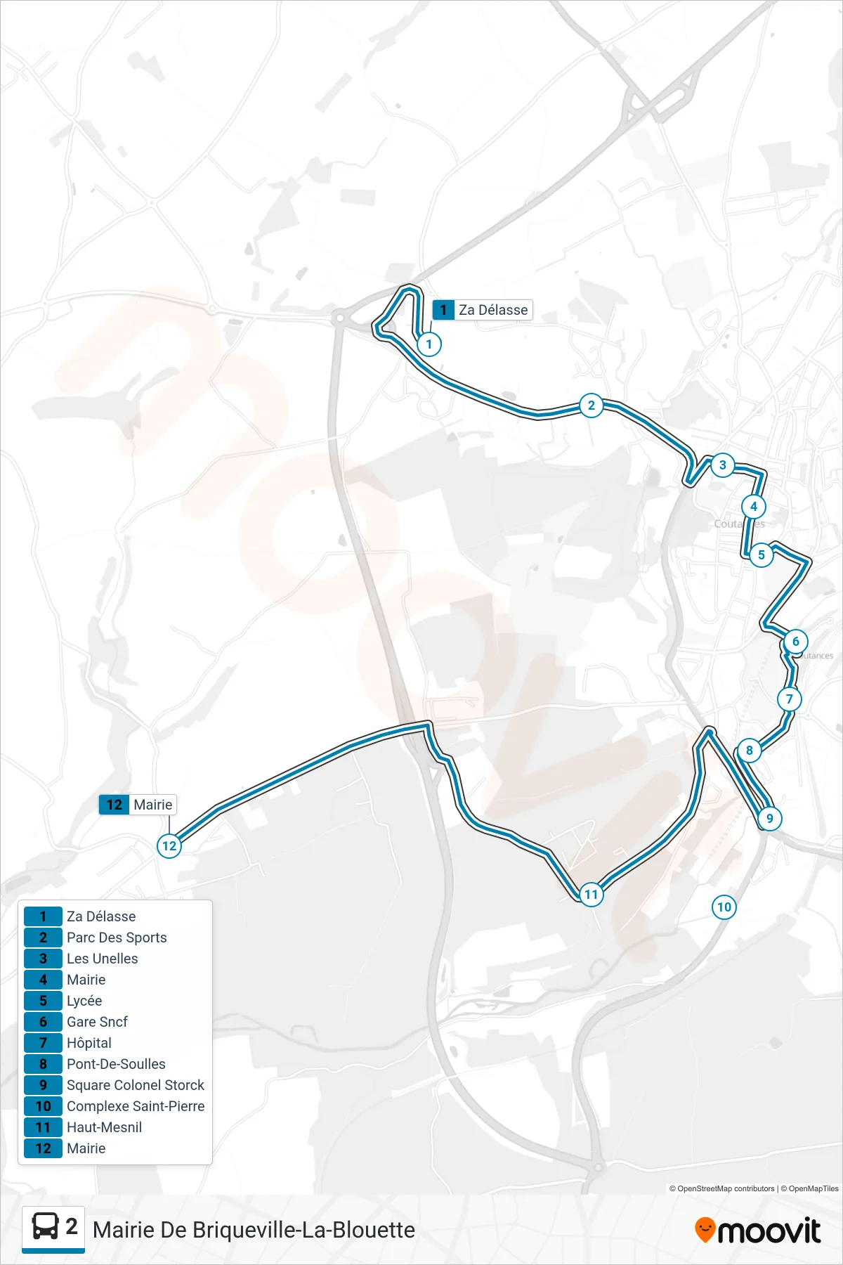 Recorrido y paradas de la línea 2 de autobús (Mairie De Briqueville-La-Blouette) en el mapa