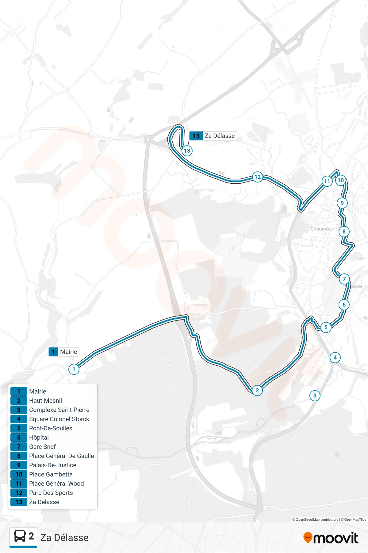 Tracé et arrêts de la ligne 2 de bus (Za Délasse) sur une carte