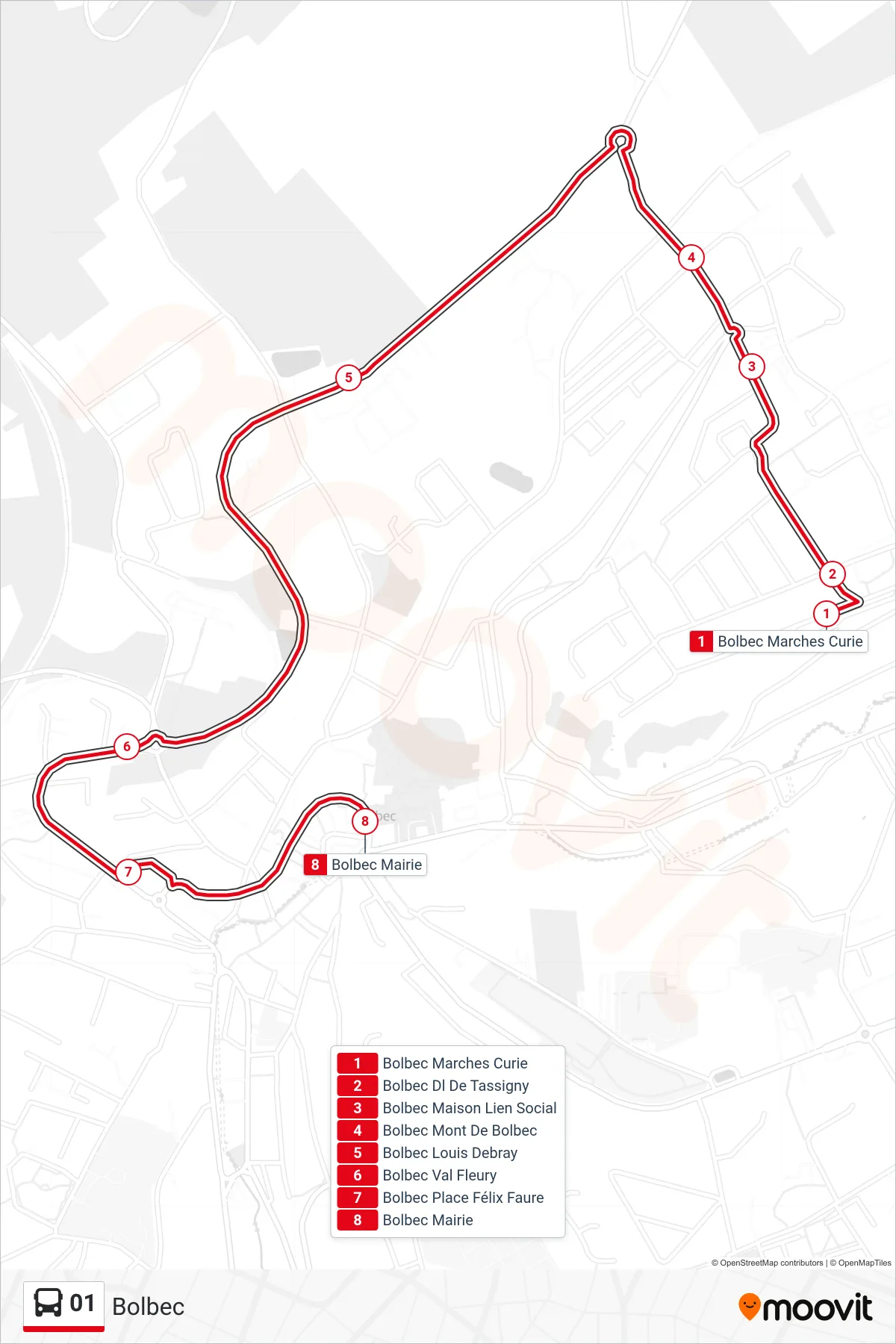 Tracé et arrêts de la ligne 01 de bus (Bolbec) sur une carte