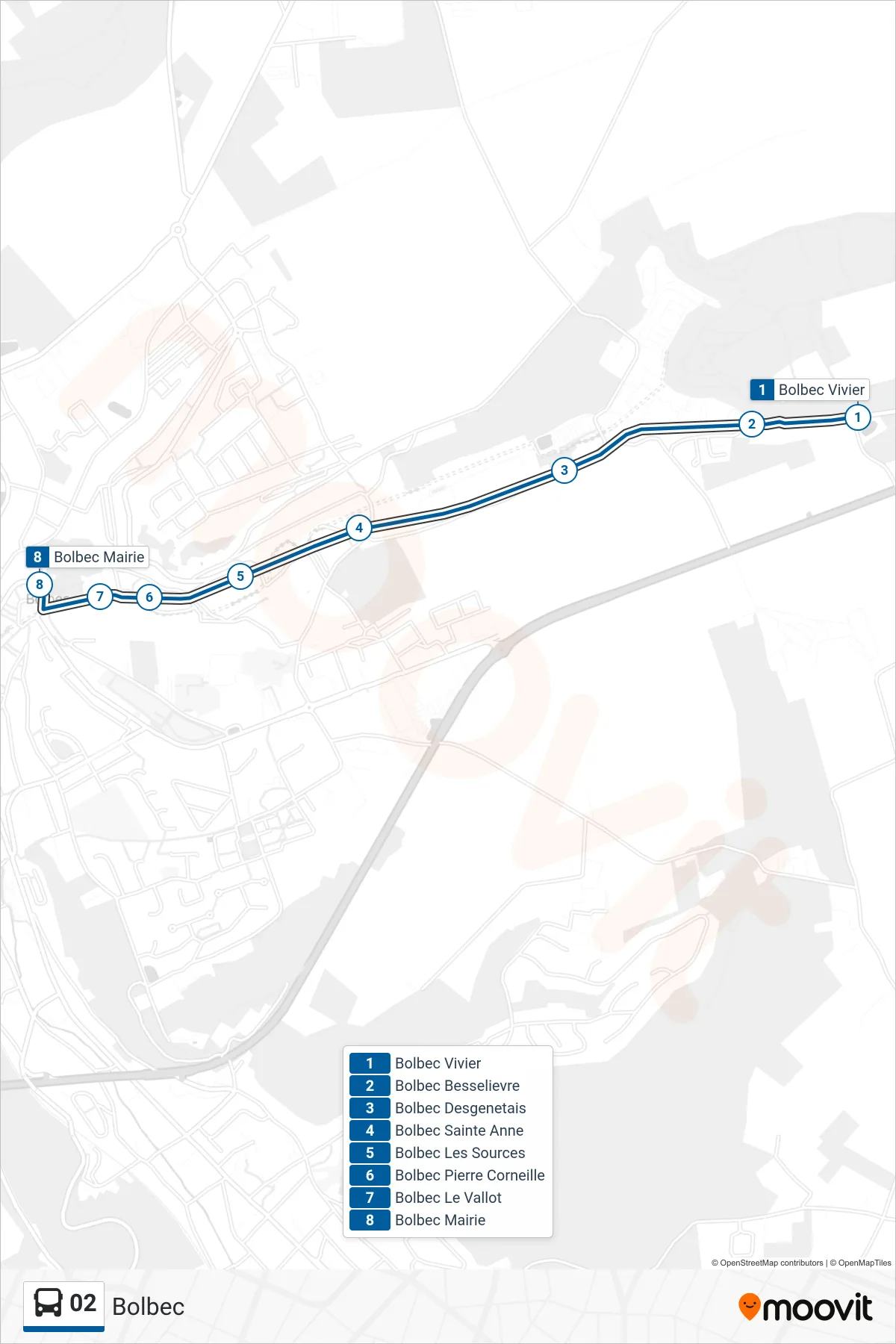 Tracé et arrêts de la ligne 02 de bus (Bolbec) sur une carte