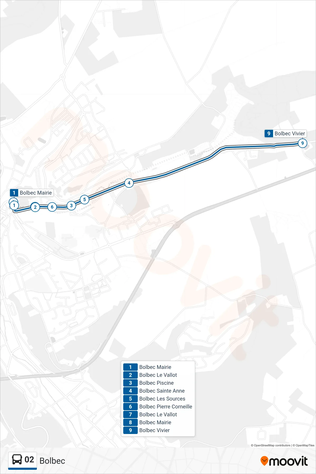 Tracé et arrêts de la ligne 02 de bus (Bolbec) sur une carte