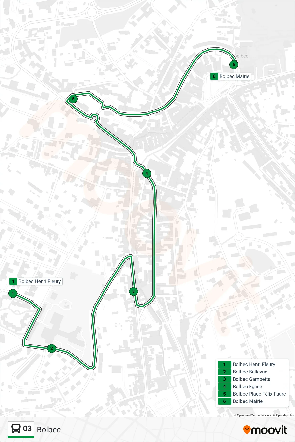 Tracé et arrêts de la ligne 03 de bus (Bolbec) sur une carte
