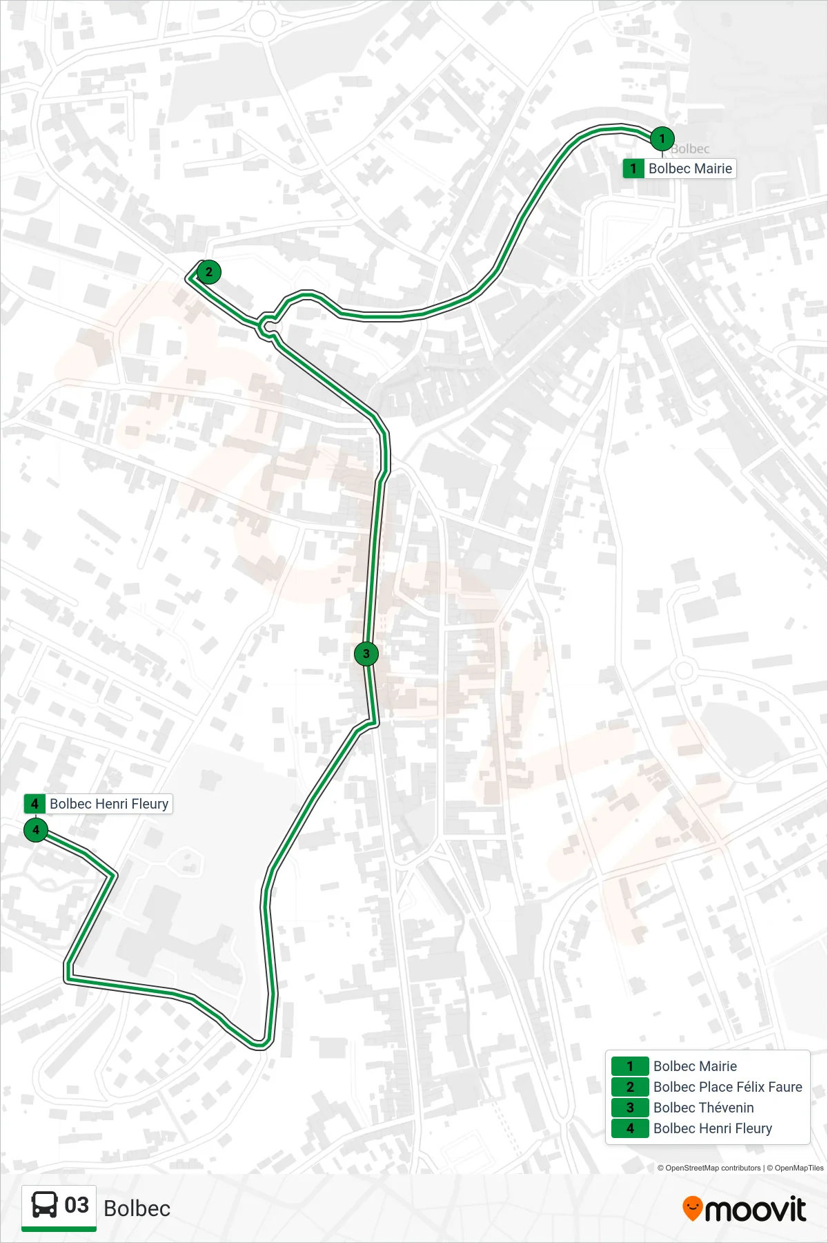 Tracé et arrêts de la ligne 03 de bus (Bolbec) sur une carte