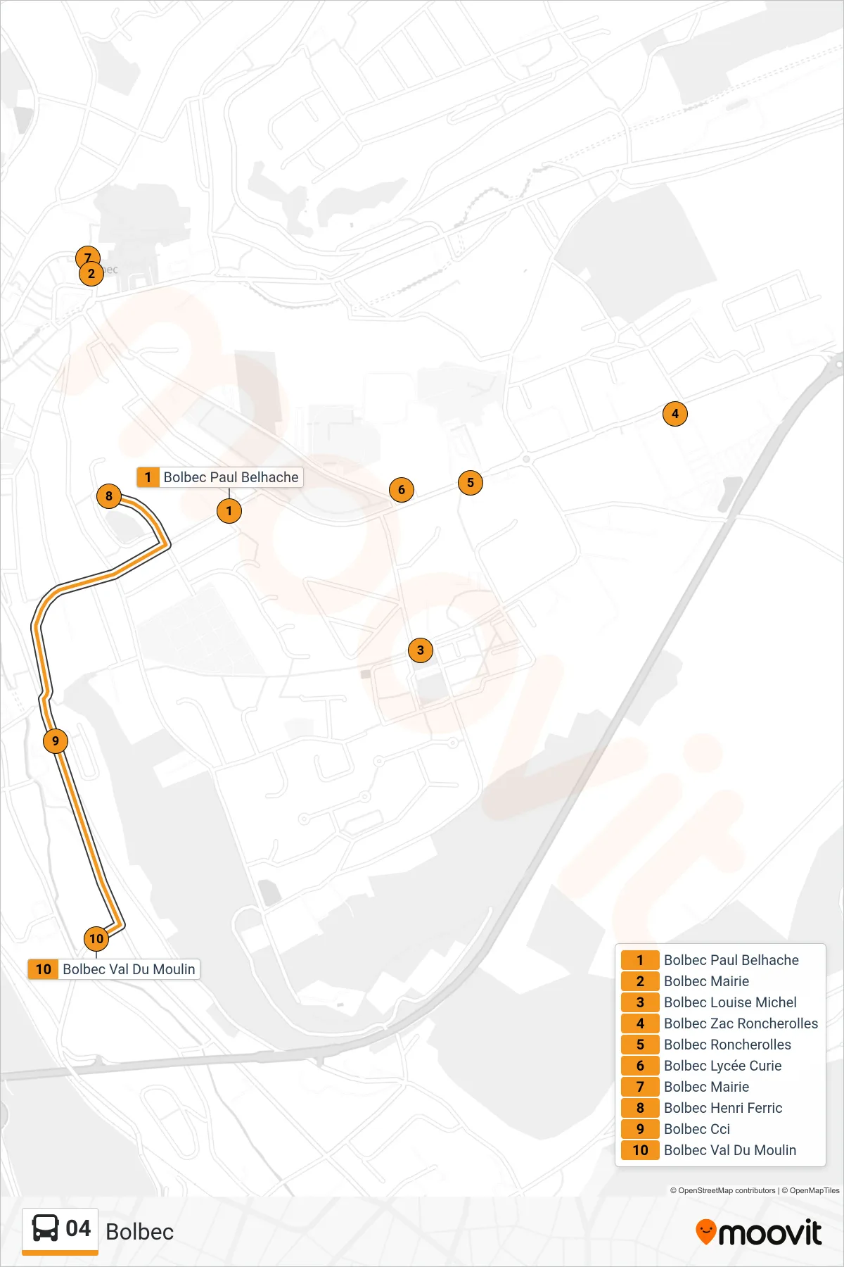 Tracé et arrêts de la ligne 04 de bus (Bolbec) sur une carte