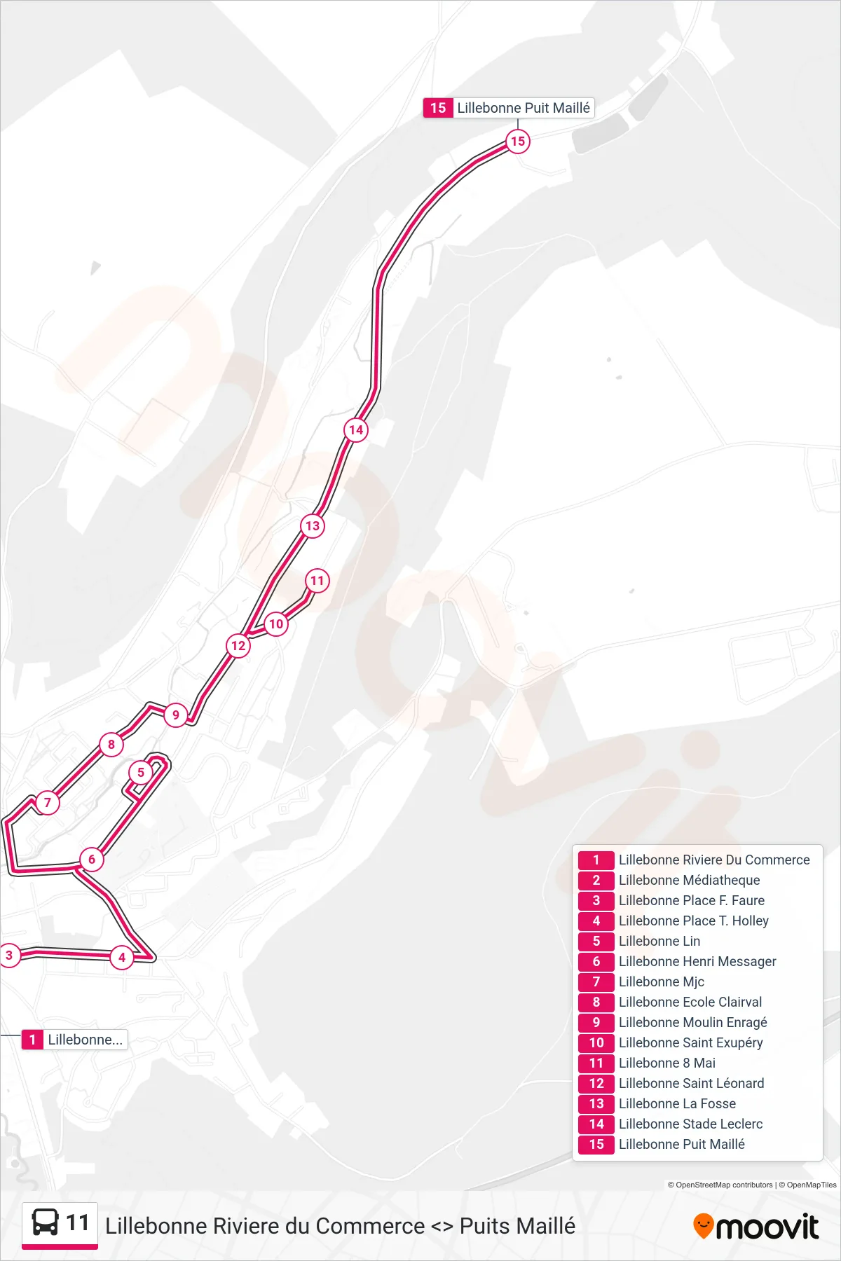 Tracé et arrêts de la ligne 11 de bus (Lillebonne) sur une carte
