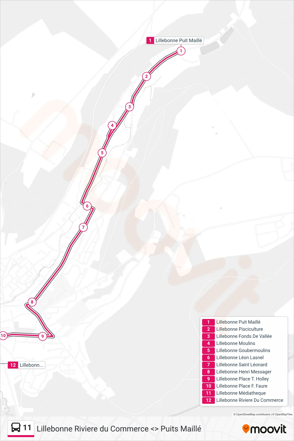 Tracé et arrêts de la ligne 11 de bus (Lillebonne) sur une carte