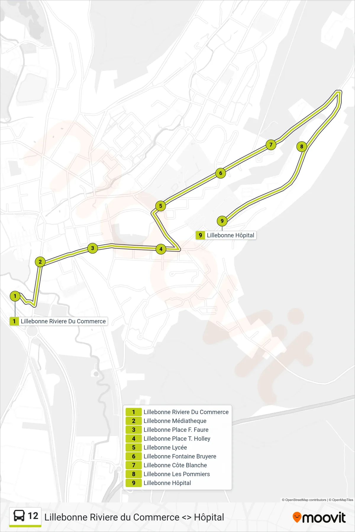 Tracé et arrêts de la ligne 12 de bus (Lillebonne) sur une carte