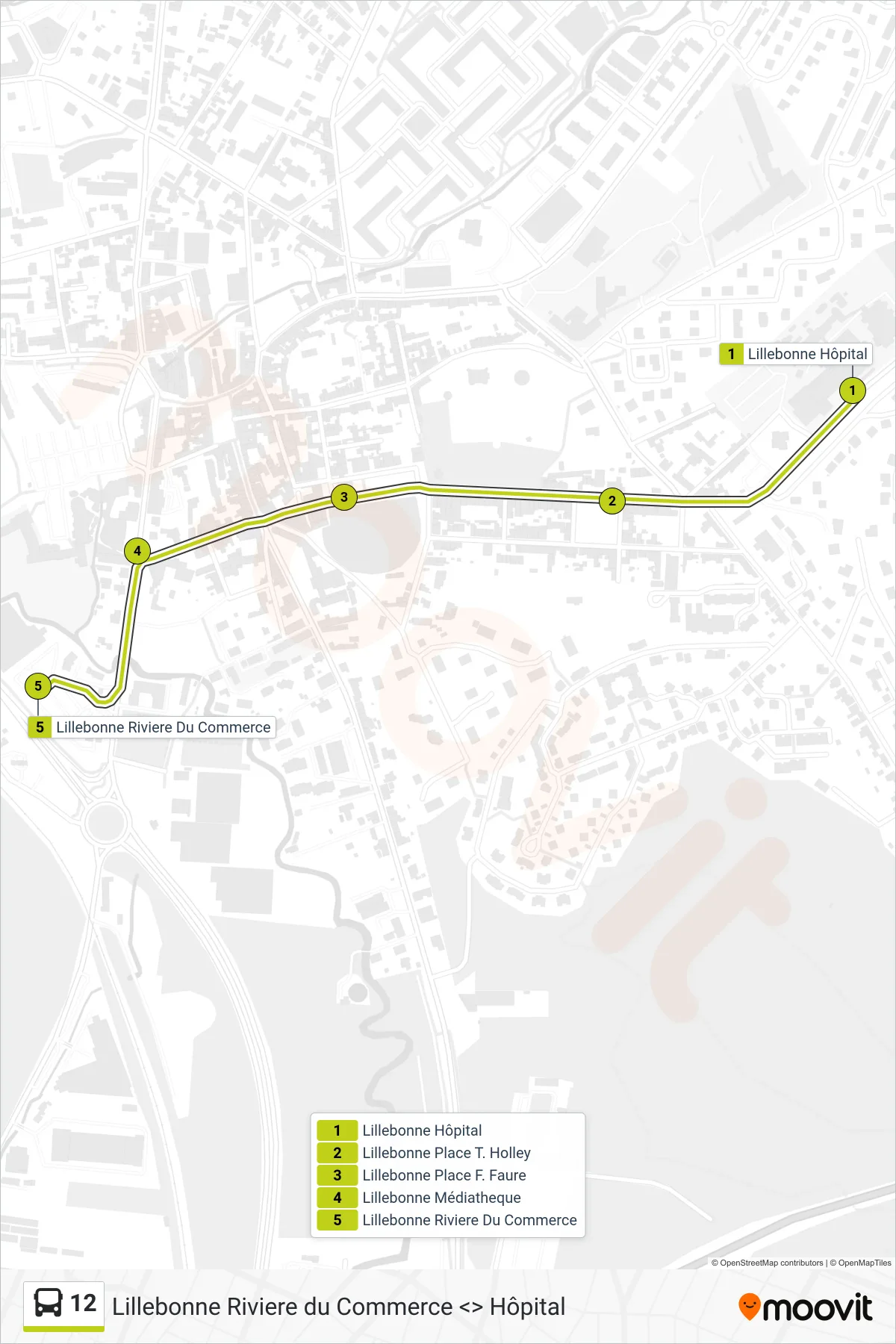 Tracé et arrêts de la ligne 12 de bus (Lillebonne) sur une carte