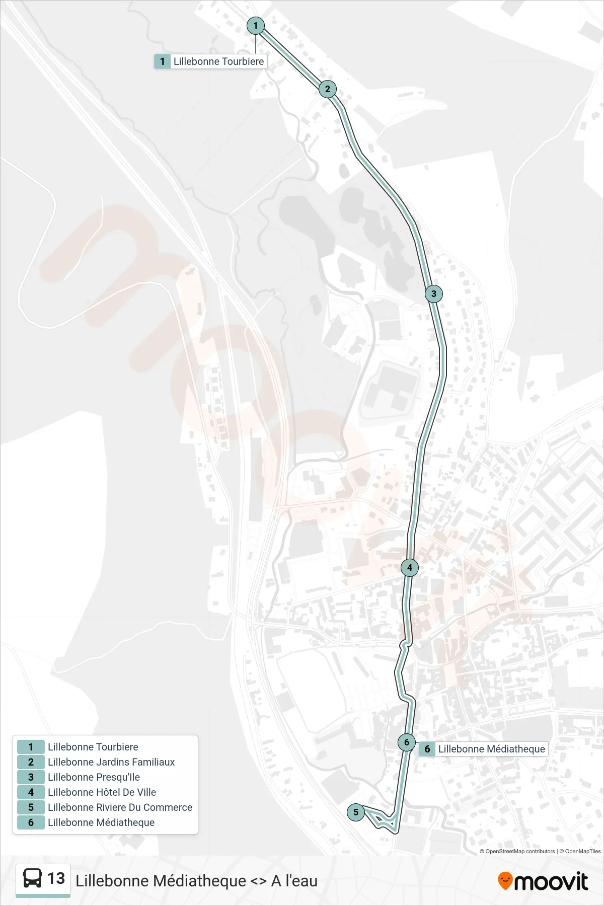 Tracé et arrêts de la ligne 13 de bus (Lillebonne) sur une carte