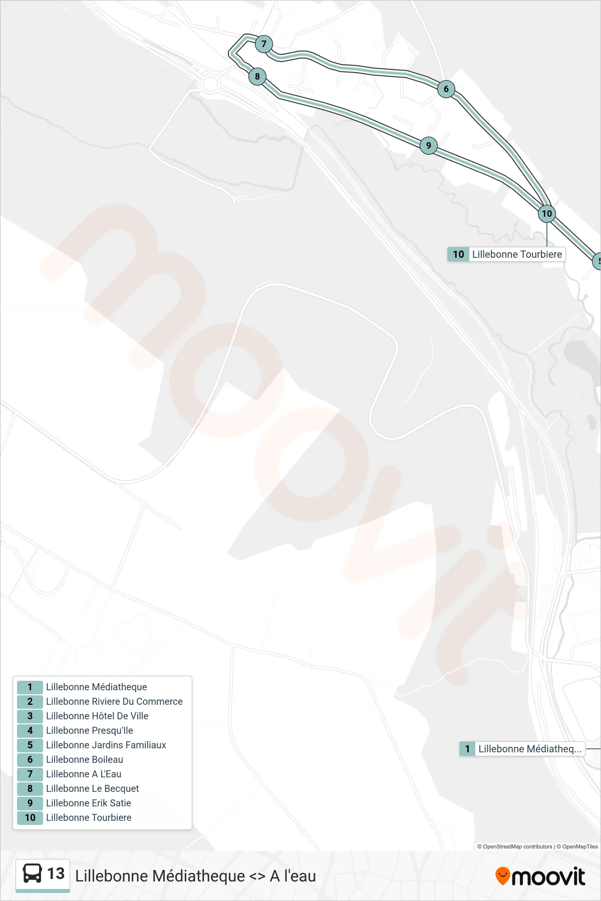 Tracé et arrêts de la ligne 13 de bus (Lillebonne) sur une carte