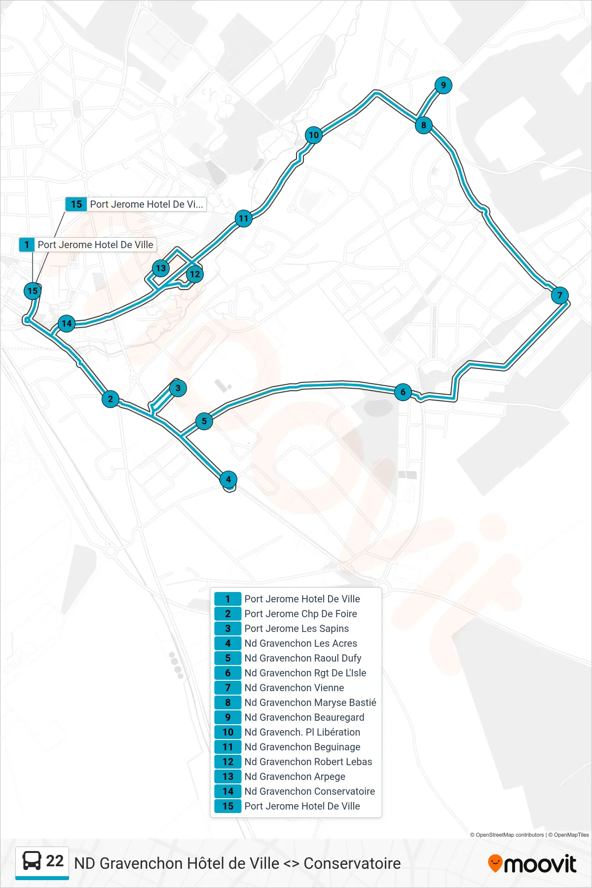 Tracé et arrêts de la ligne 22 de bus (Port-Jerome-Sur-Seine) sur une carte