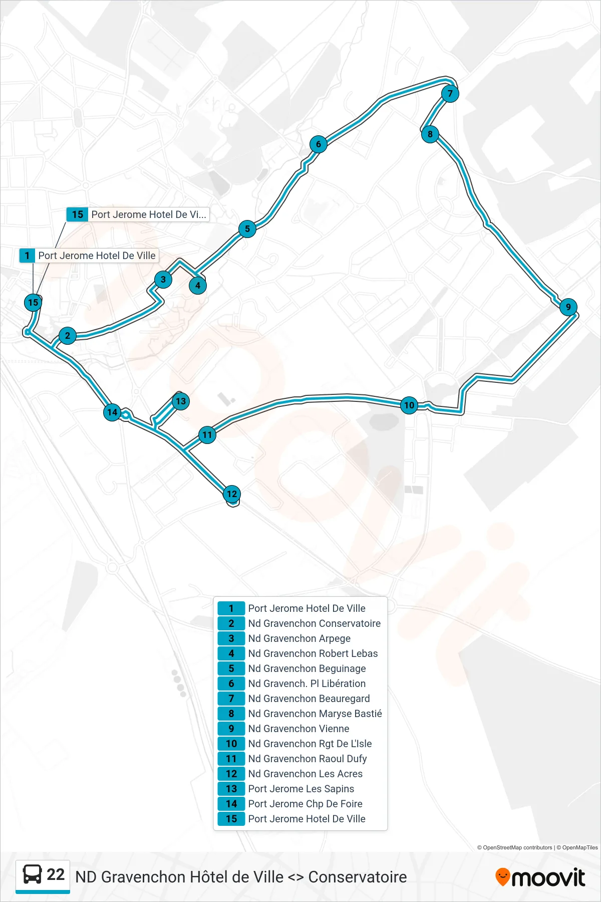 Recorrido y paradas de la línea 22 de autobús (Port-Jerome-Sur-Seine) en el mapa