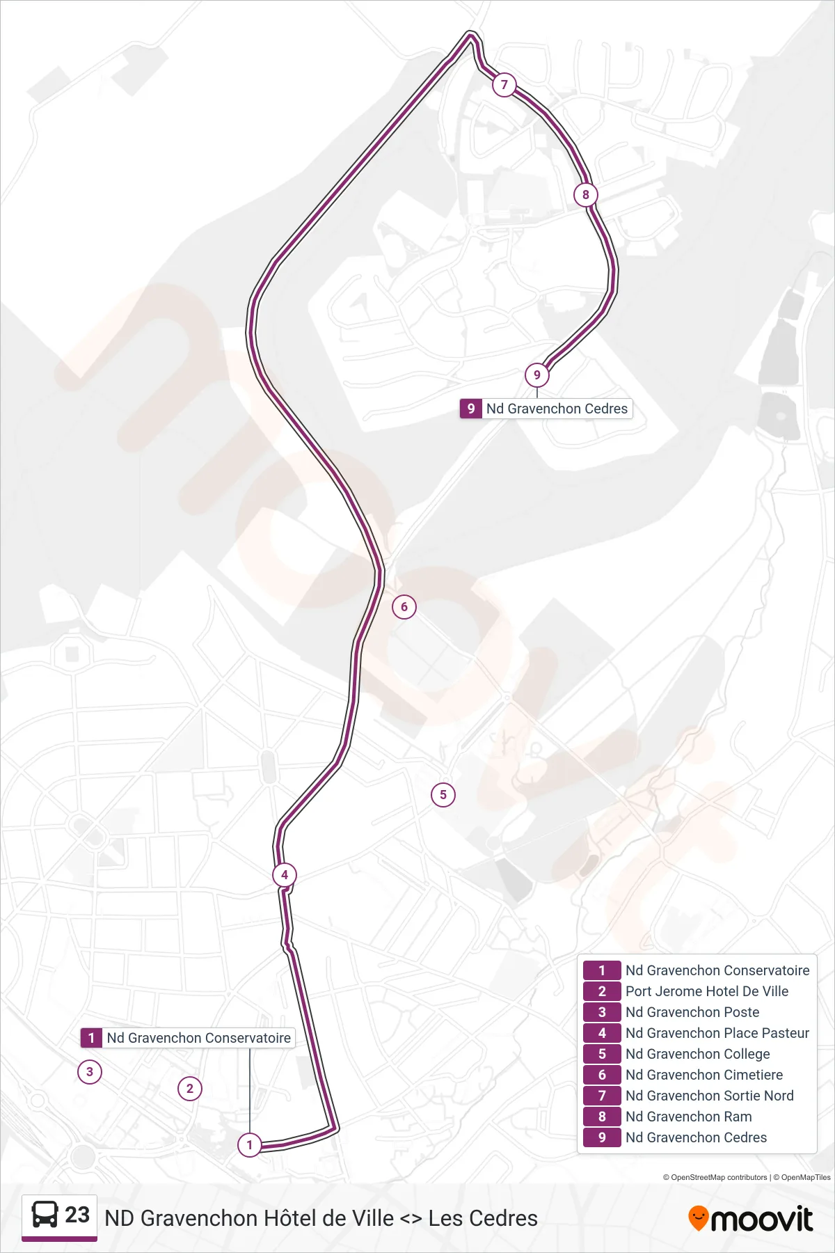 Tracé et arrêts de la ligne 23 de bus (Port-Jerome-Sur-Seine) sur une carte