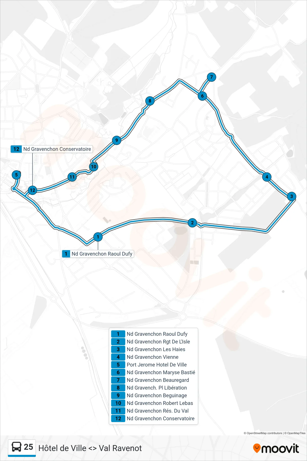 Tracé et arrêts de la ligne 25 de bus (Port-Jerome-Sur-Seine) sur une carte