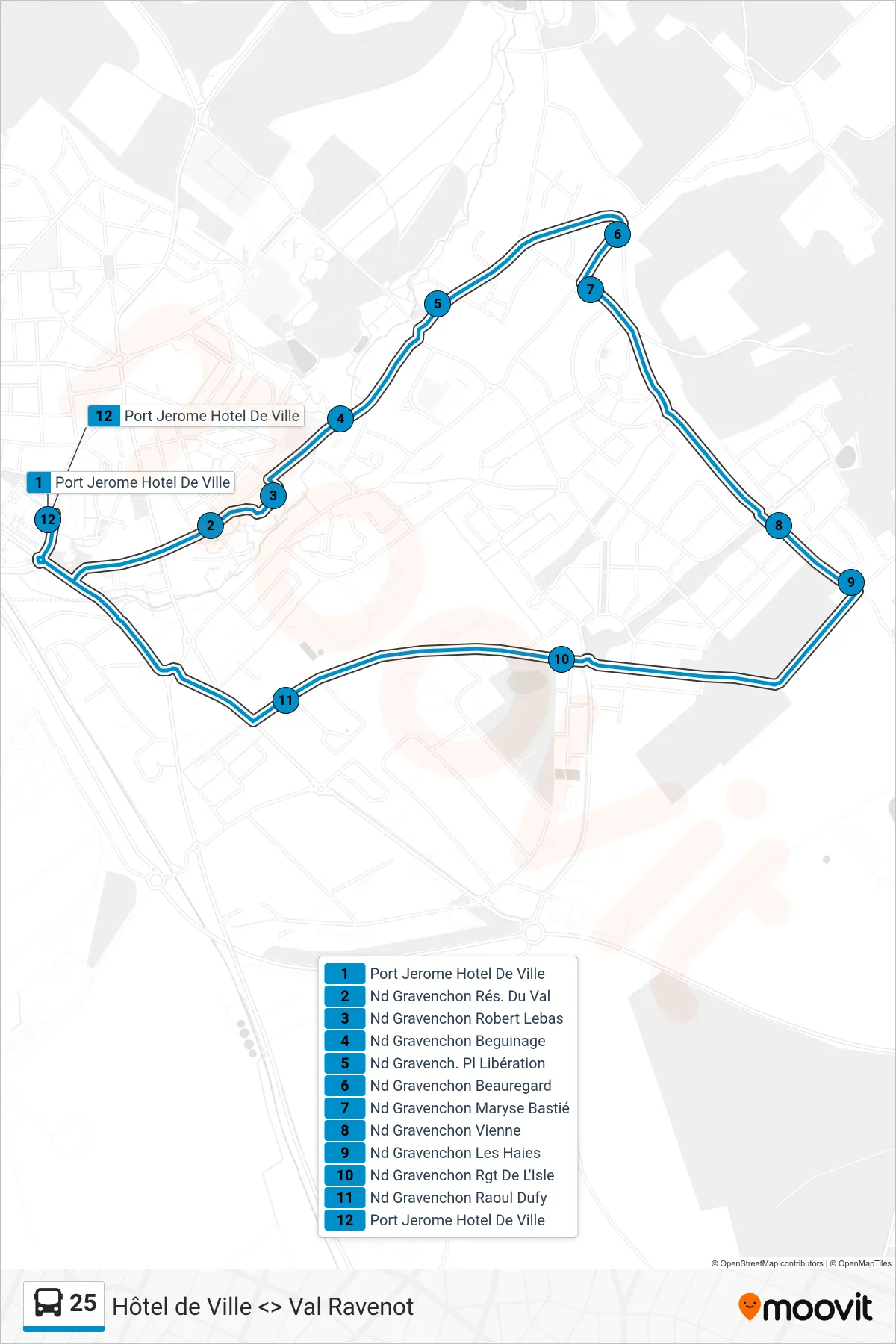 Tracé et arrêts de la ligne 25 de bus (Port-Jerome-Sur-Seine) sur une carte