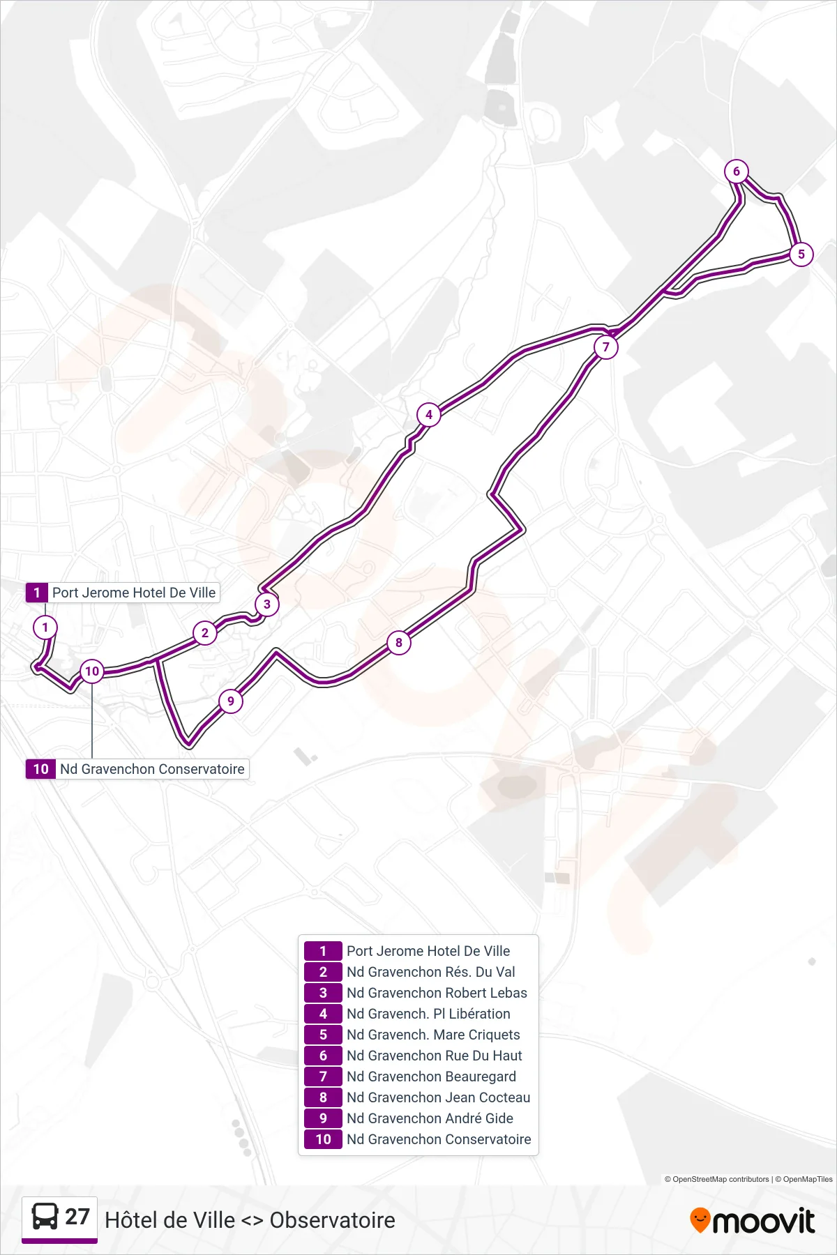 Tracé et arrêts de la ligne 27 de bus (Port-Jerome-Sur-Seine) sur une carte