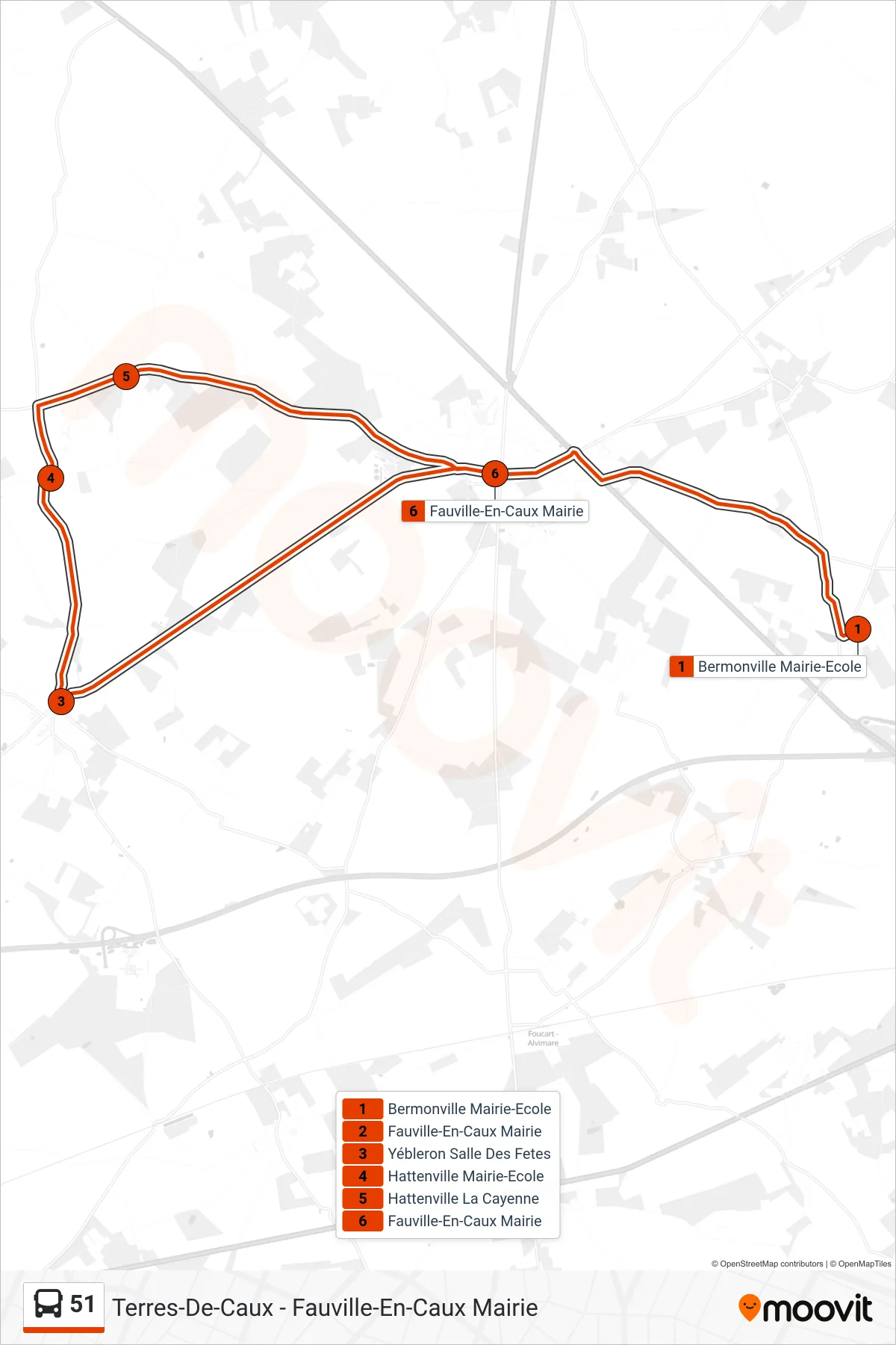 Tracé et arrêts de la ligne 51 de bus (Terres-De-Caux - Fauville-En-Caux Mairie) sur une carte
