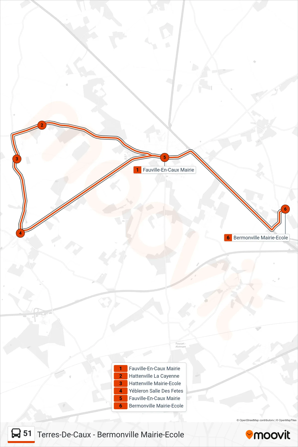Tracé et arrêts de la ligne 51 de bus (Terres-De-Caux - Bermonville Mairie-Ecole) sur une carte