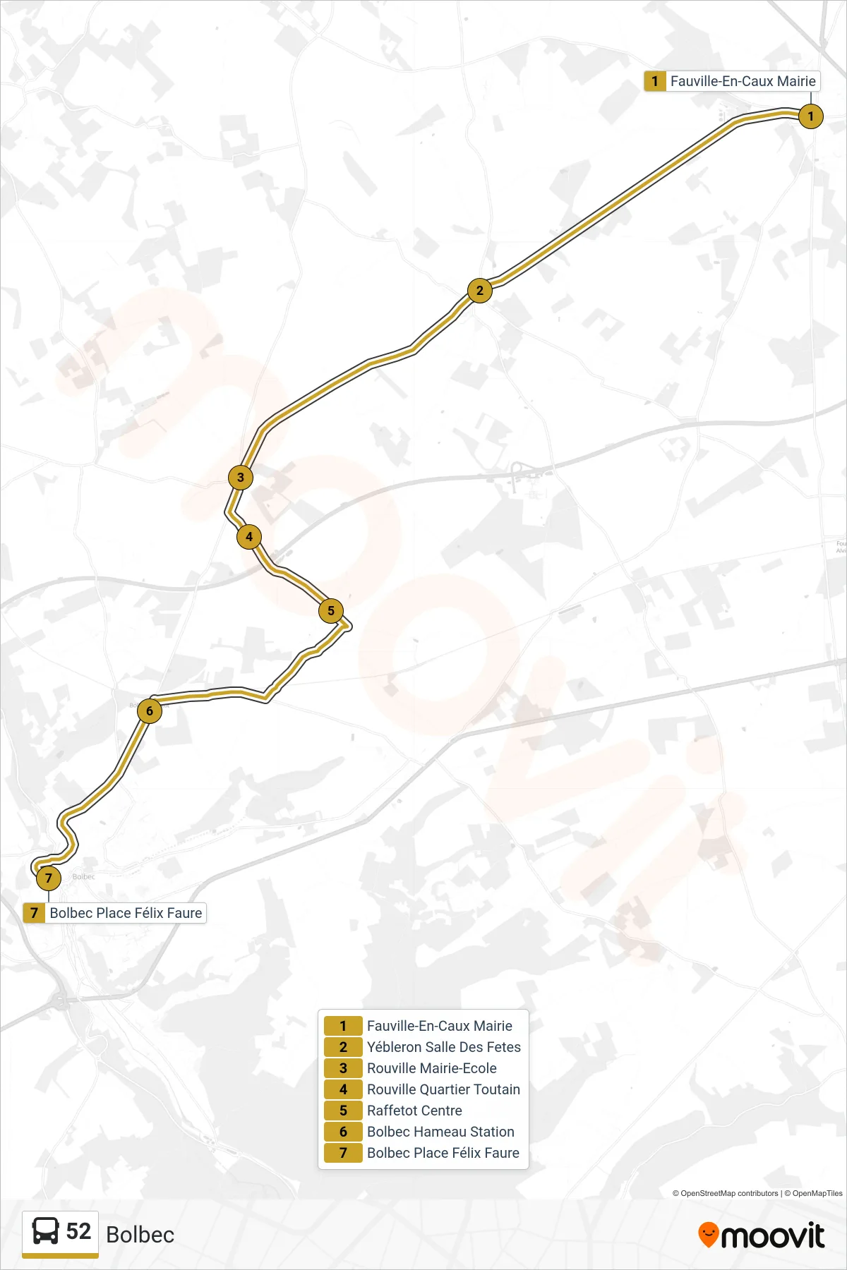 Tracé et arrêts de la ligne 52 de bus (Bolbec) sur une carte