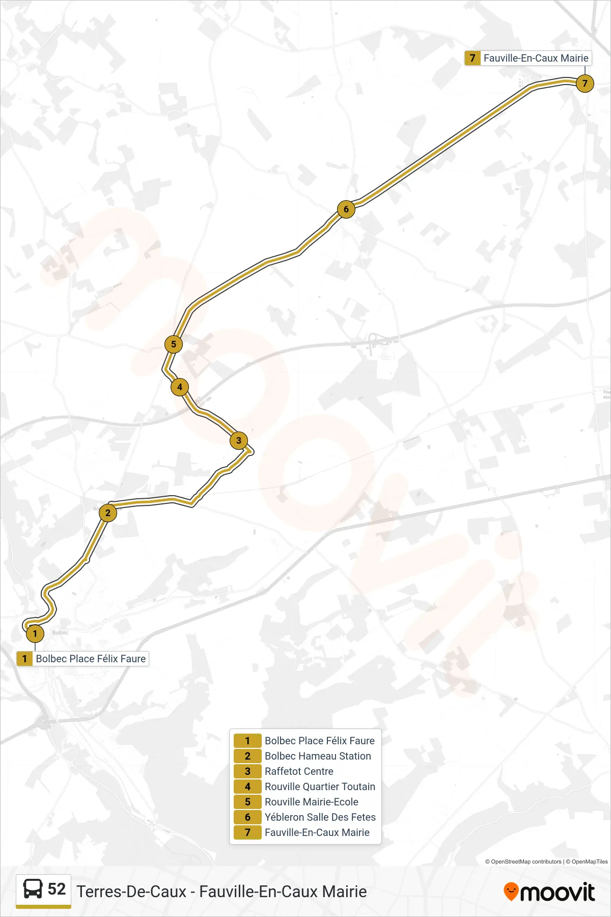 Tracé et arrêts de la ligne 52 de bus (Terres-De-Caux - Fauville-En-Caux Mairie) sur une carte
