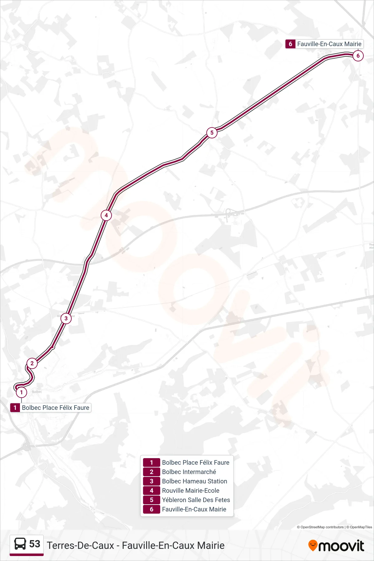 Tracé et arrêts de la ligne 53 de bus (Terres-De-Caux - Fauville-En-Caux Mairie) sur une carte