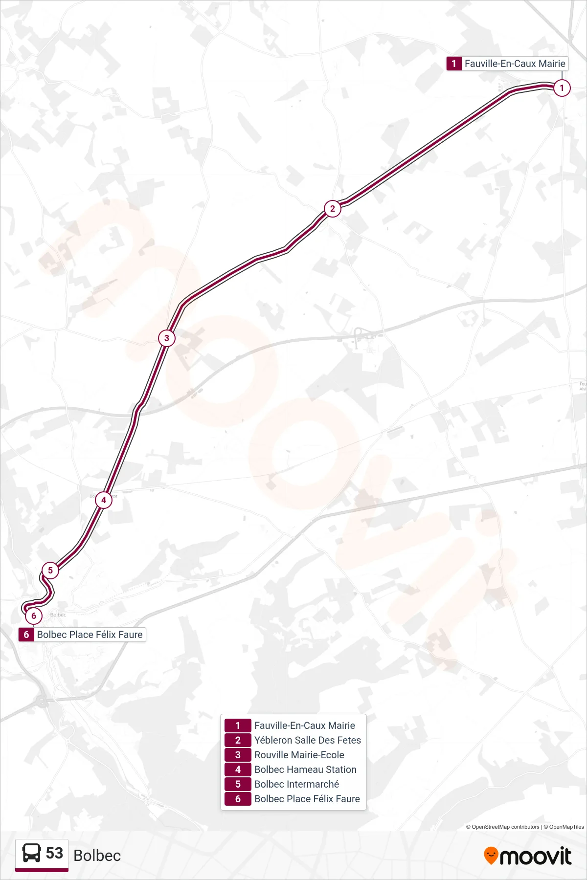 Tracé et arrêts de la ligne 53 de bus (Bolbec) sur une carte