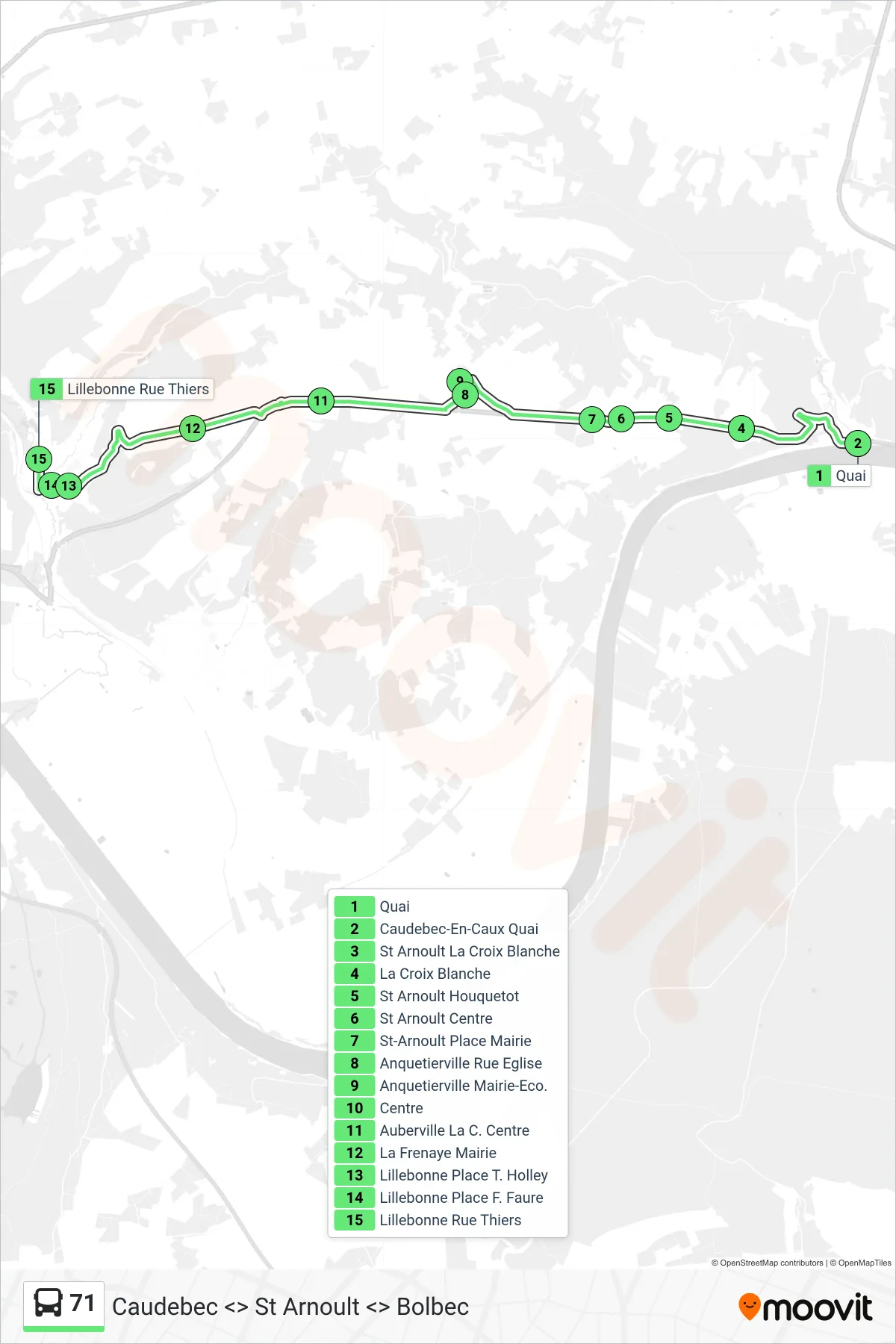 Tracé et arrêts de la ligne 71 de bus (Lillebonne) sur une carte
