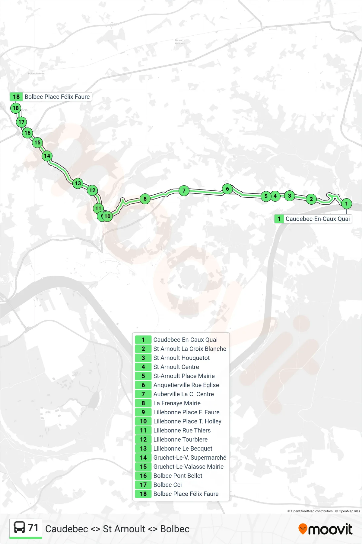 Tracé et arrêts de la ligne 71 de bus (Bolbec) sur une carte
