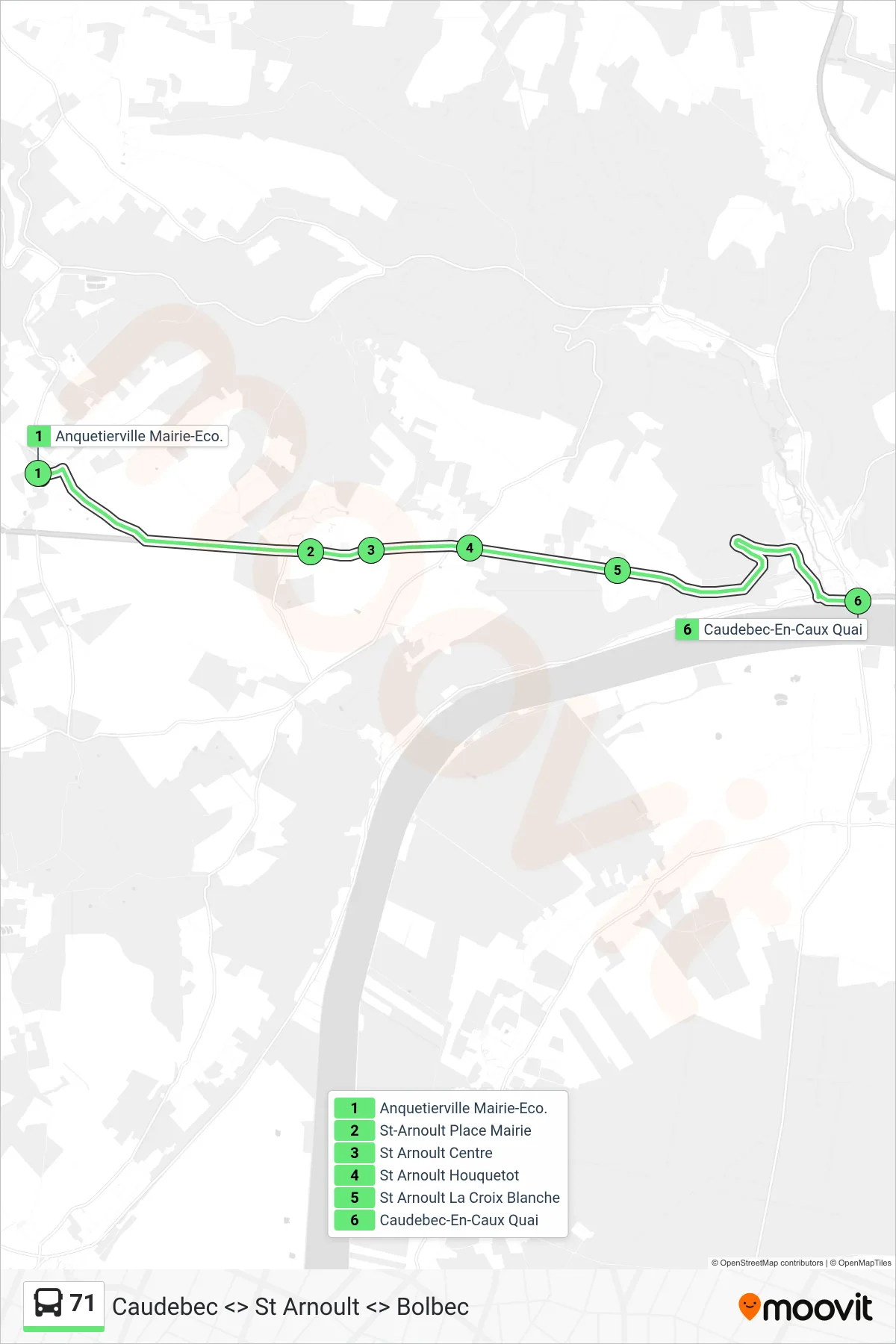 Tracé et arrêts de la ligne 71 de bus (Caudebec - Quais) sur une carte