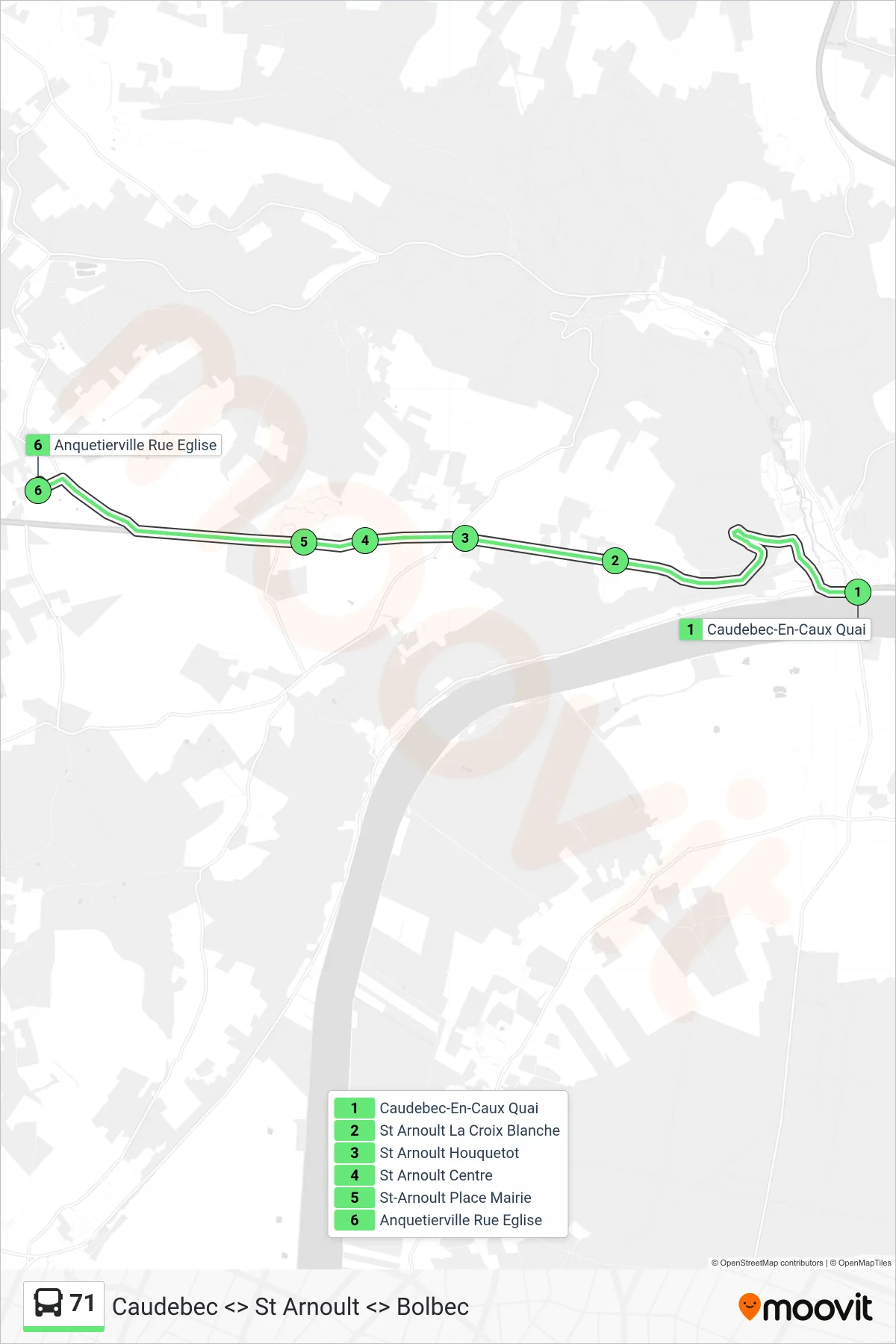 Tracé et arrêts de la ligne 71 de bus (Anquetierville - Anquetierville Rue Eglise) sur une carte