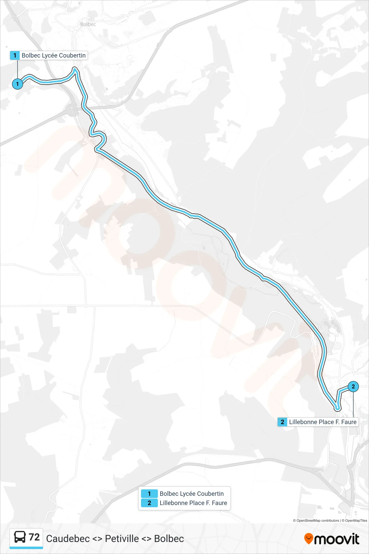 Tracé et arrêts de la ligne 72 de bus (Lillebonne) sur une carte