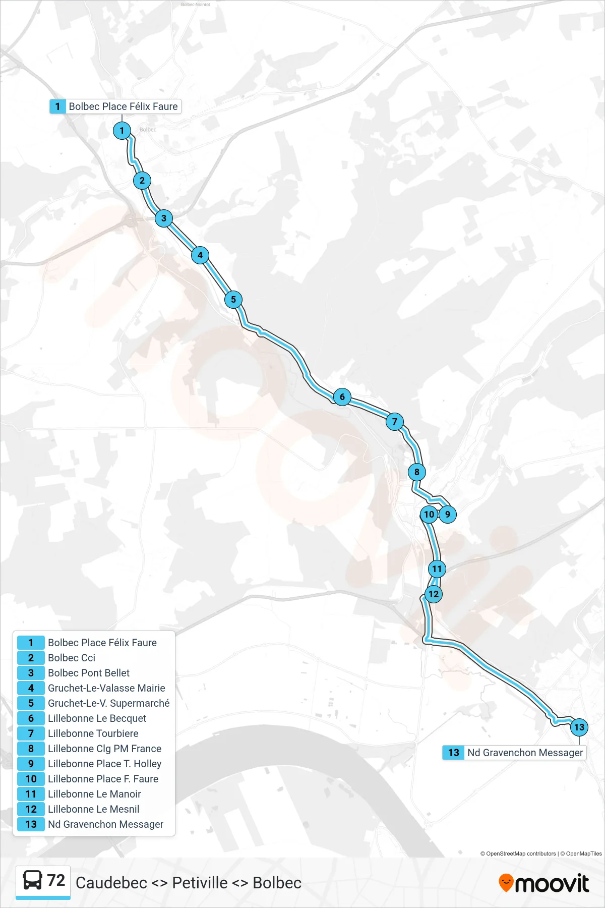 Tracé et arrêts de la ligne 72 de bus (Port-Jerome-Sur-Seine) sur une carte