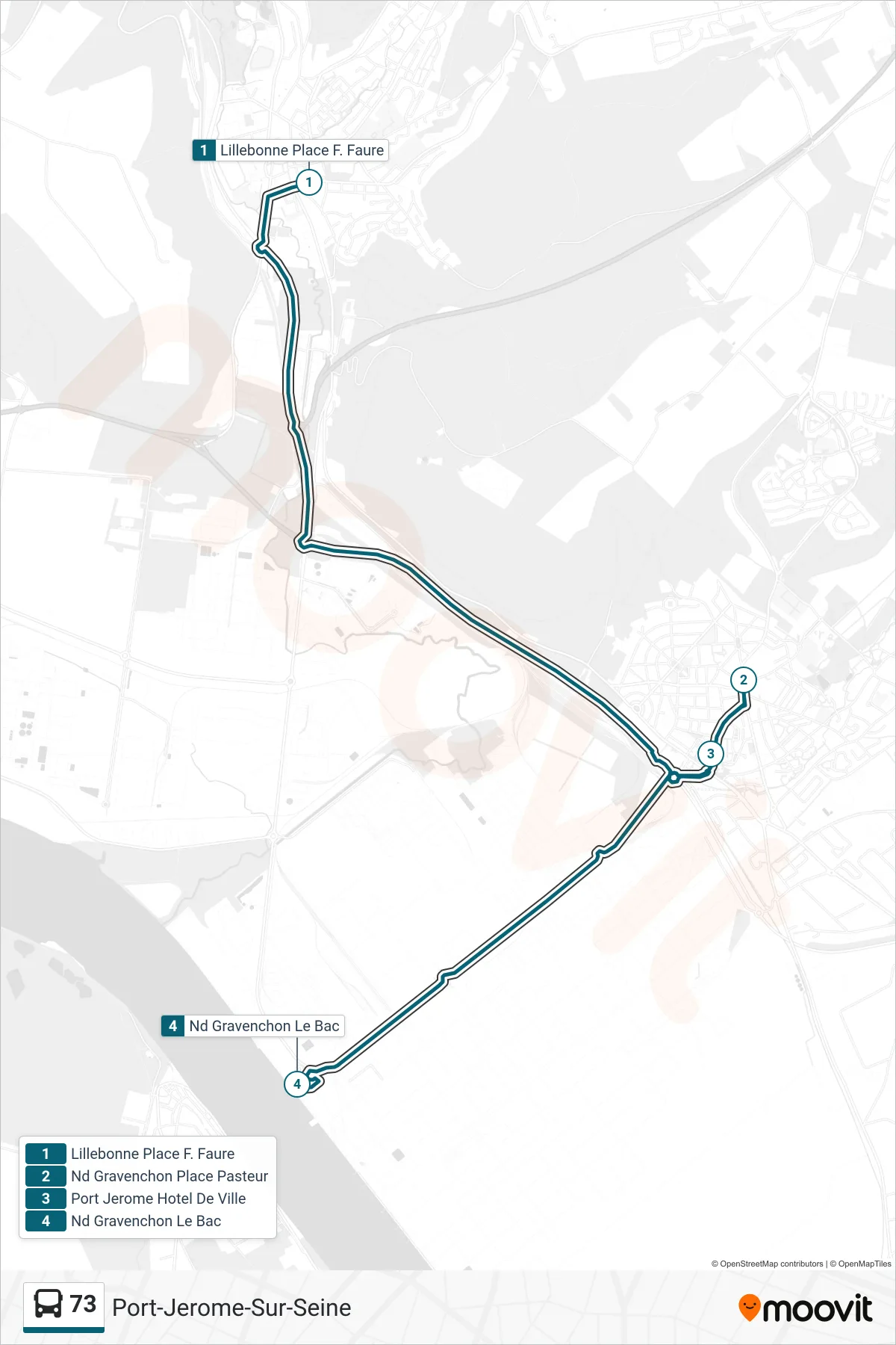 Tracé et arrêts de la ligne 73 de bus (Port-Jerome-Sur-Seine) sur une carte