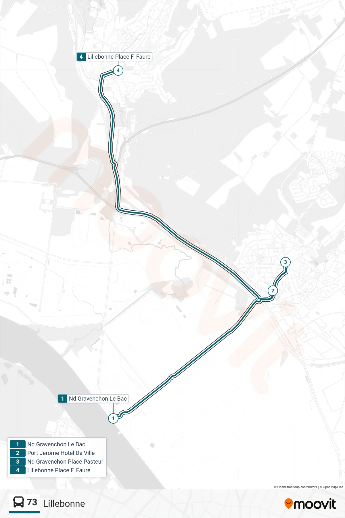 Tracé et arrêts de la ligne 73 de bus (Lillebonne) sur une carte