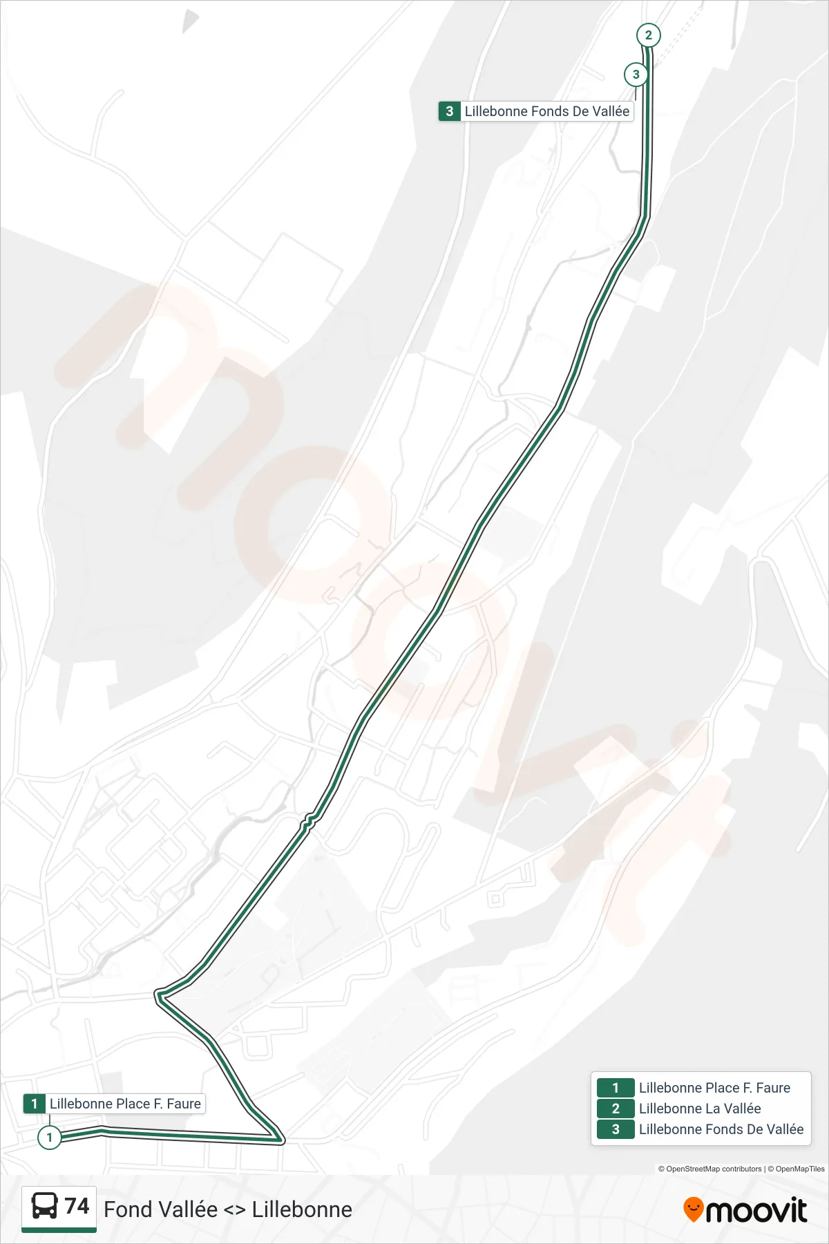 Tracé et arrêts de la ligne 74 de bus (Lillebonne) sur une carte