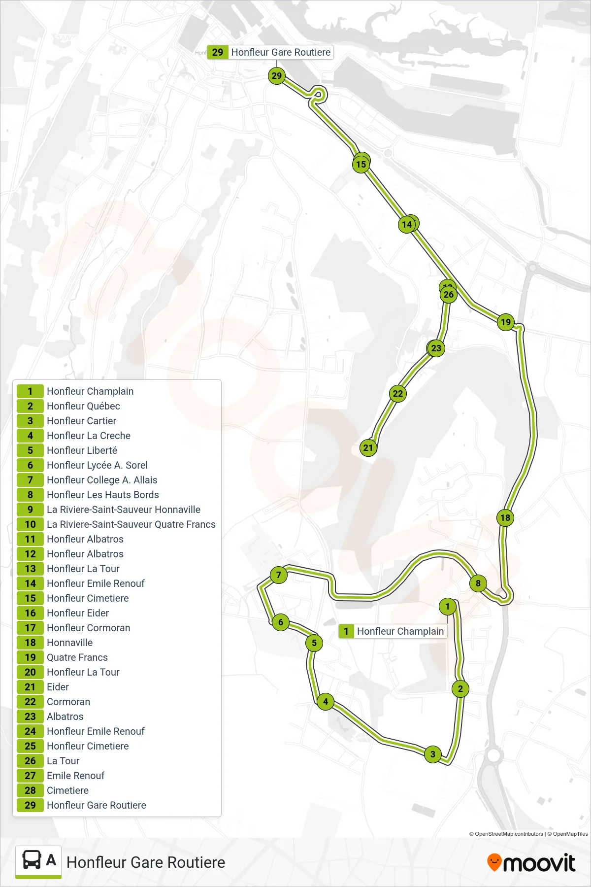 Tracé et arrêts de la ligne A de bus (Honfleur Gare Routiere) sur une carte