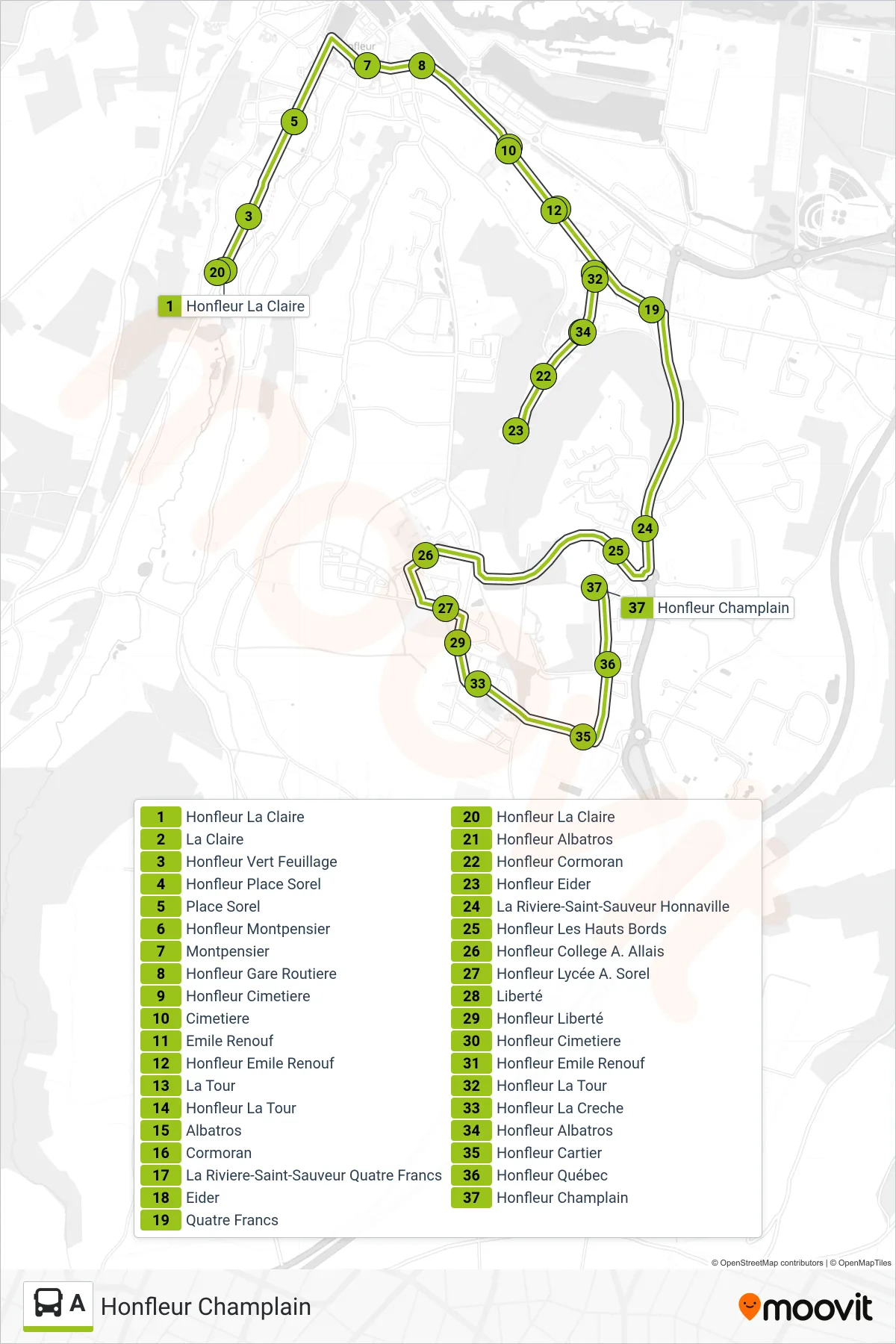 A bus Line (Honfleur Champlain) route and stops on a map