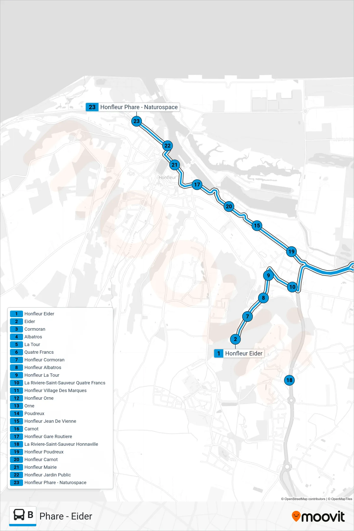 Tracé et arrêts de la ligne B de bus (Honfleur Phare) sur une carte