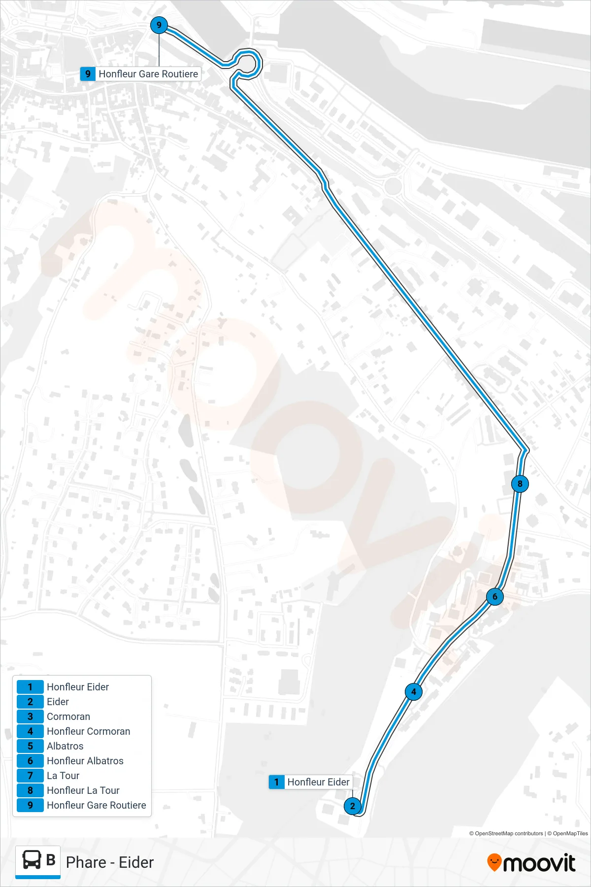 Tracé et arrêts de la ligne B de bus (Honfleur Gare Routiere) sur une carte