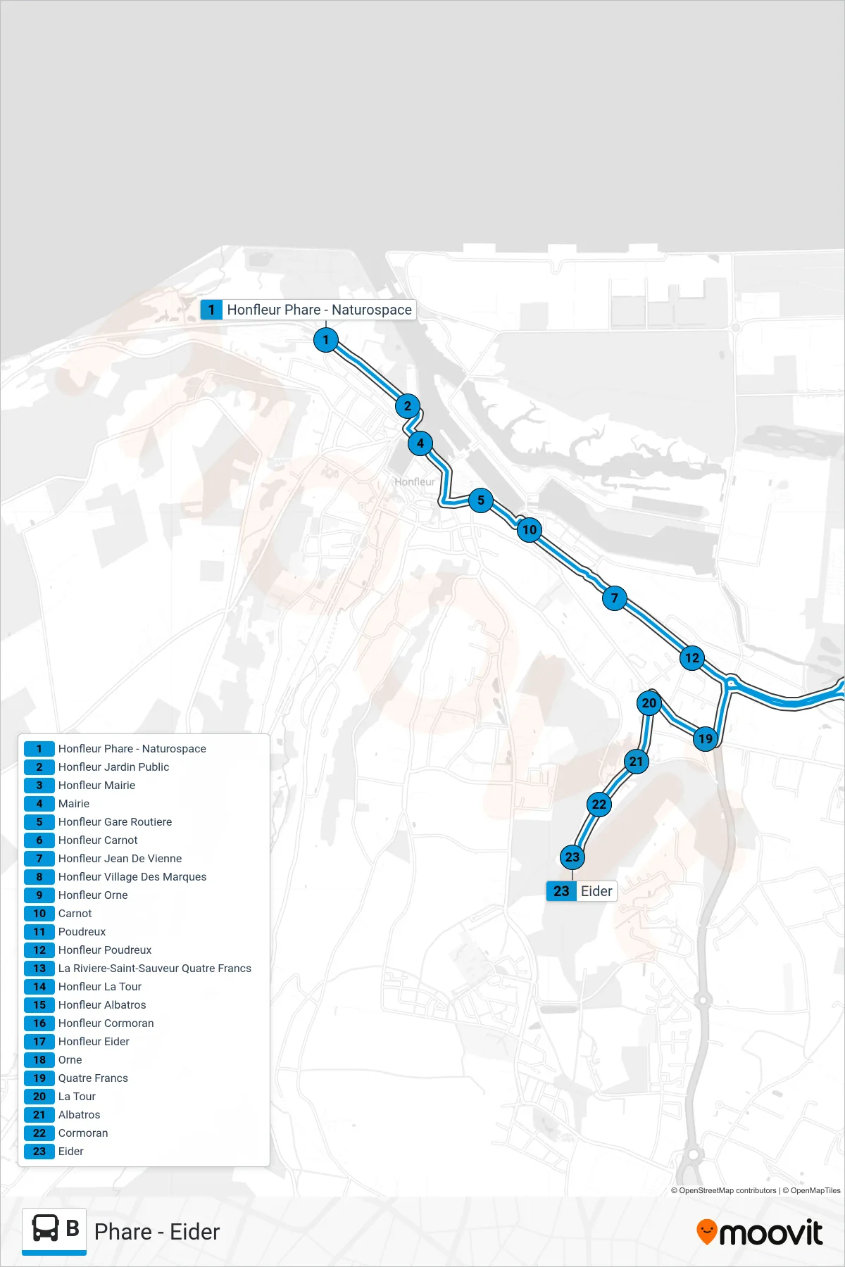 Tracé et arrêts de la ligne B de bus (Honfleur Eider) sur une carte