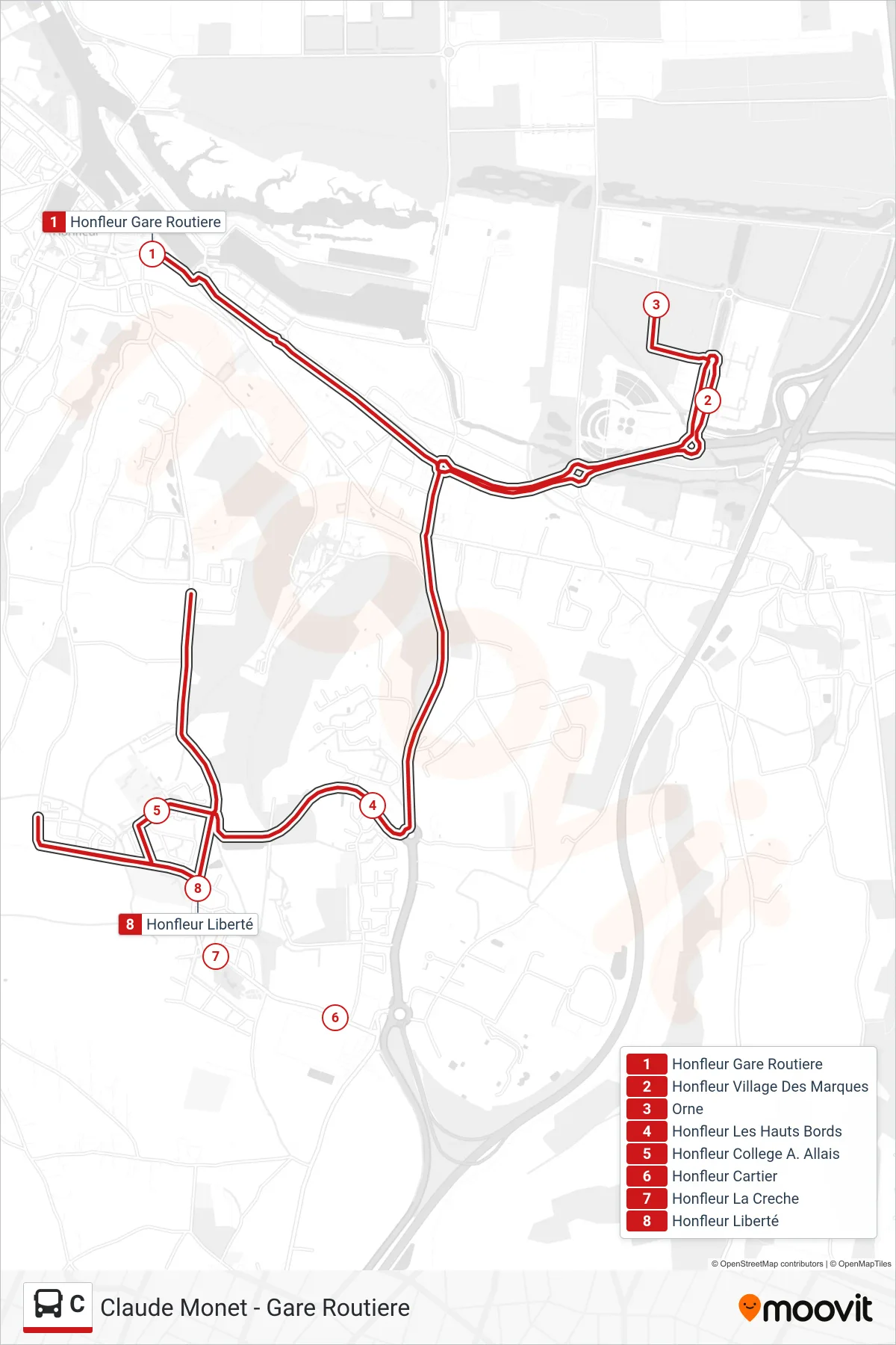 C bus Line (Honfleur Claude Monet) route and stops on a map