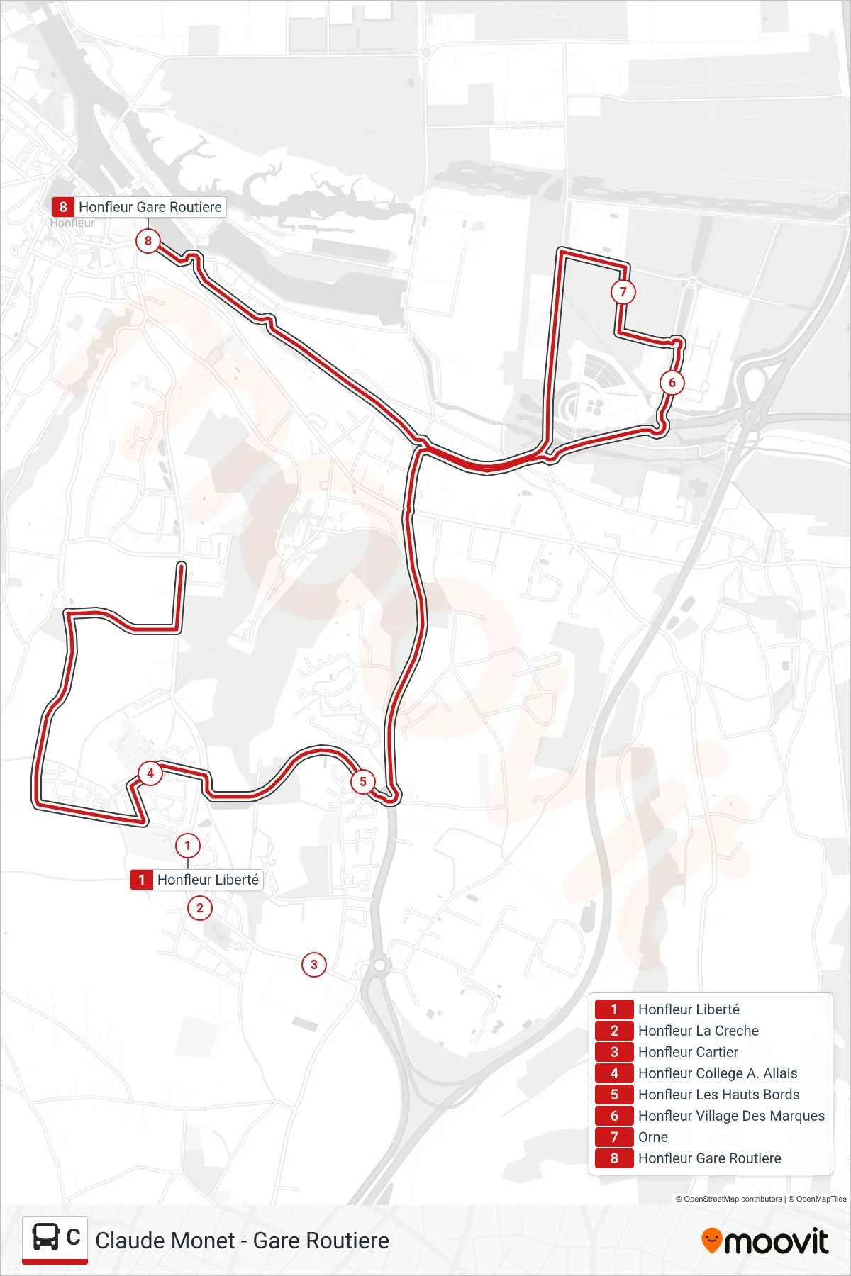 Tracé et arrêts de la ligne C de bus (Honfleur Gare Routiere) sur une carte