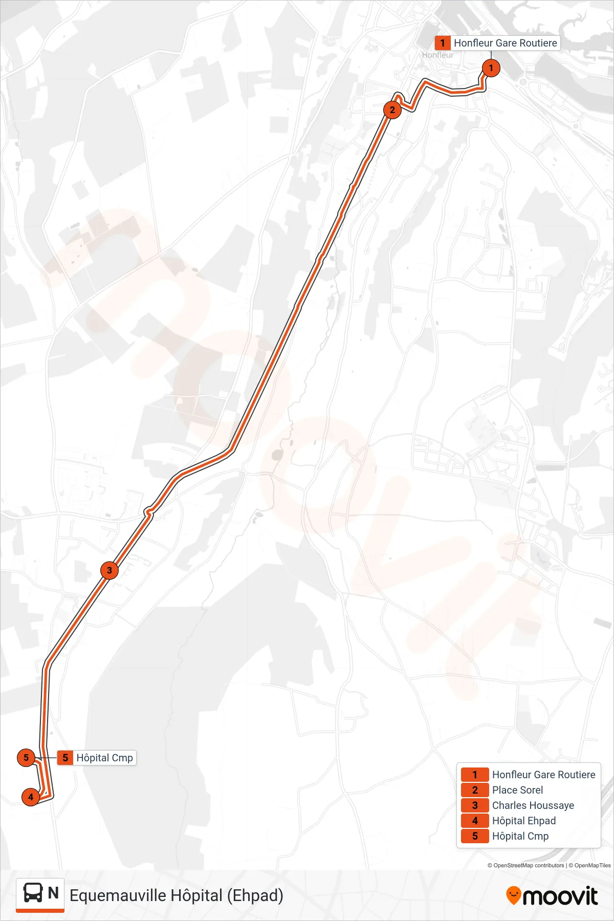 Recorrido y paradas de la línea N de autobús (Equemauville Hôpital (Ehpad)) en el mapa