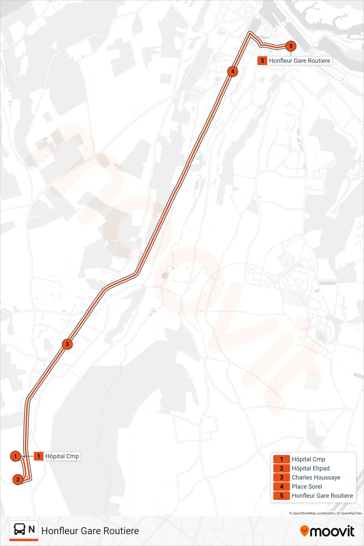 Tracé et arrêts de la ligne N de bus (Honfleur Gare Routiere) sur une carte